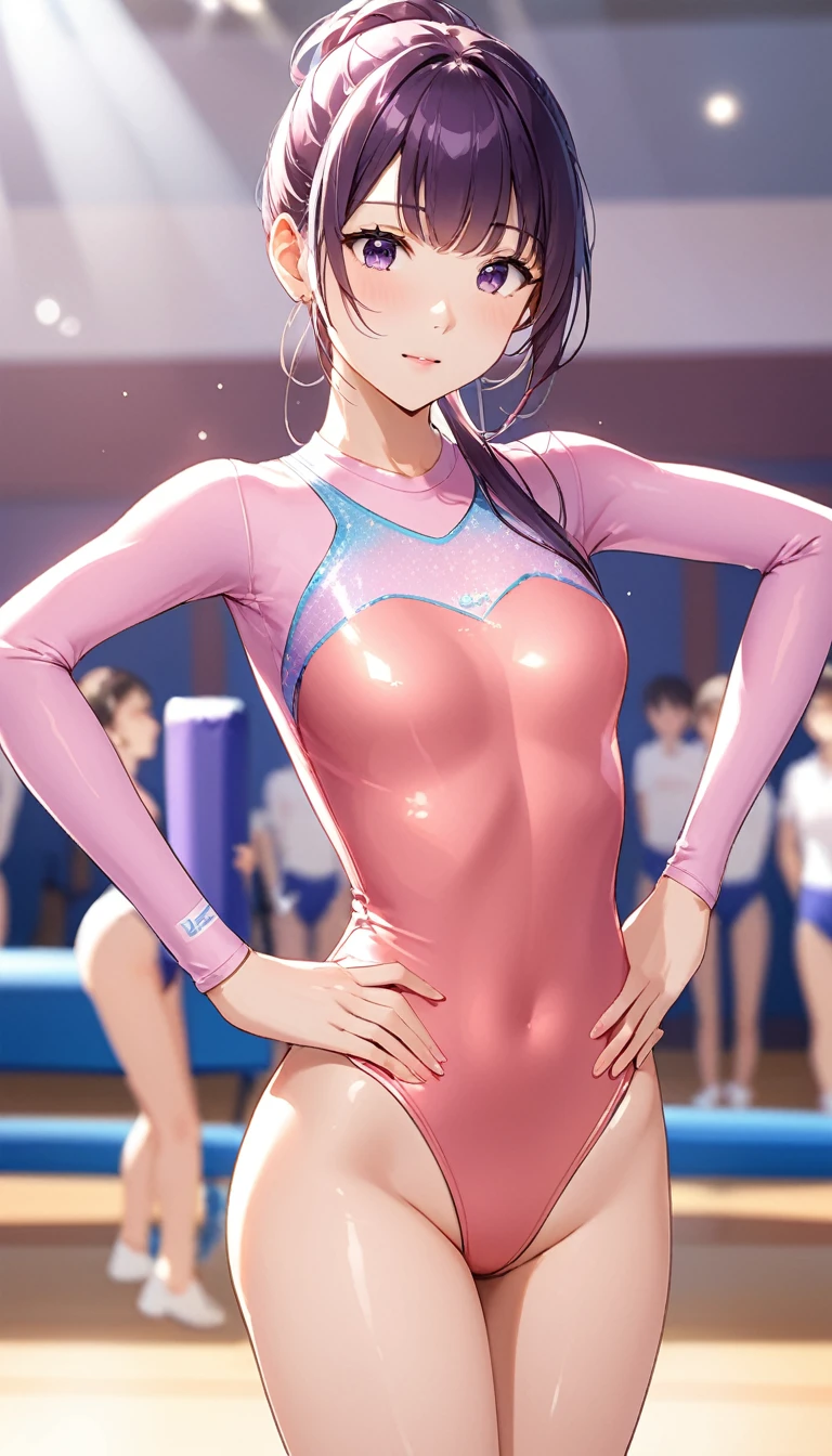 expensivequality illustration, masterpiece, Very delicate and beautiful, Attractive girl,(Gymnastics leotard,Tight leotard,length_Leotard with sleeves,expensive_Leg leotard,athletic leotard),Purple ears,Short here, Audience reaction,thin,Slender body,slim,expensive school,Gym,Gymnastics Club,