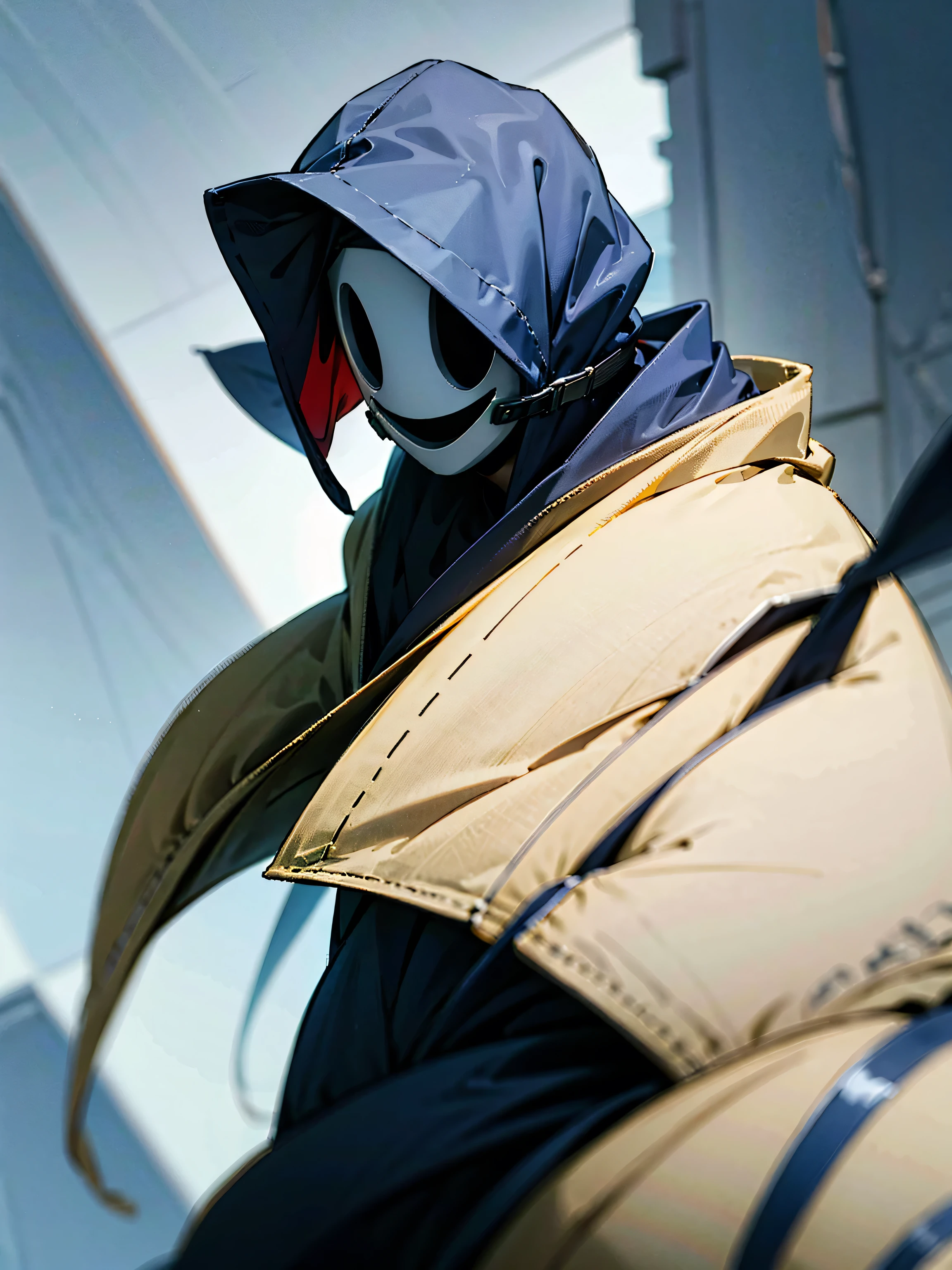 1male, black hair, tied to the back, hood over head, high rise invasion mask, cloak, black yukata, gloves