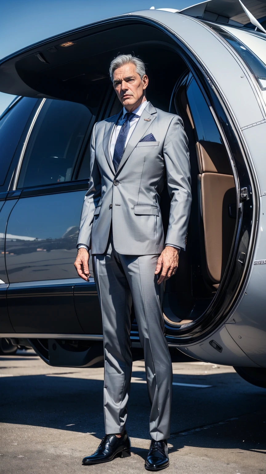 "(ultra-detailed, photorealistic, best quality, 4k, 8k, highres, masterpiece:1.3), an imposing old man, age 60, with gray silver hair, muscular build body, very tall, masculine, alpha male, wearing a navy pin stripe 3-piece suit, exuding authority and confidence, sharp blue eyes, clean-shaven face, strong jawline, poised and professional, hint of a stern but approachable demeanor, standing in front of a sleek modern private jet, tarmac background, sophisticated and commanding presence, elegance, luxurious environment, (intricate detail:1.3), ((super finely detailed hands, ultra finely detailed fingers, full body showcase, show full body))."