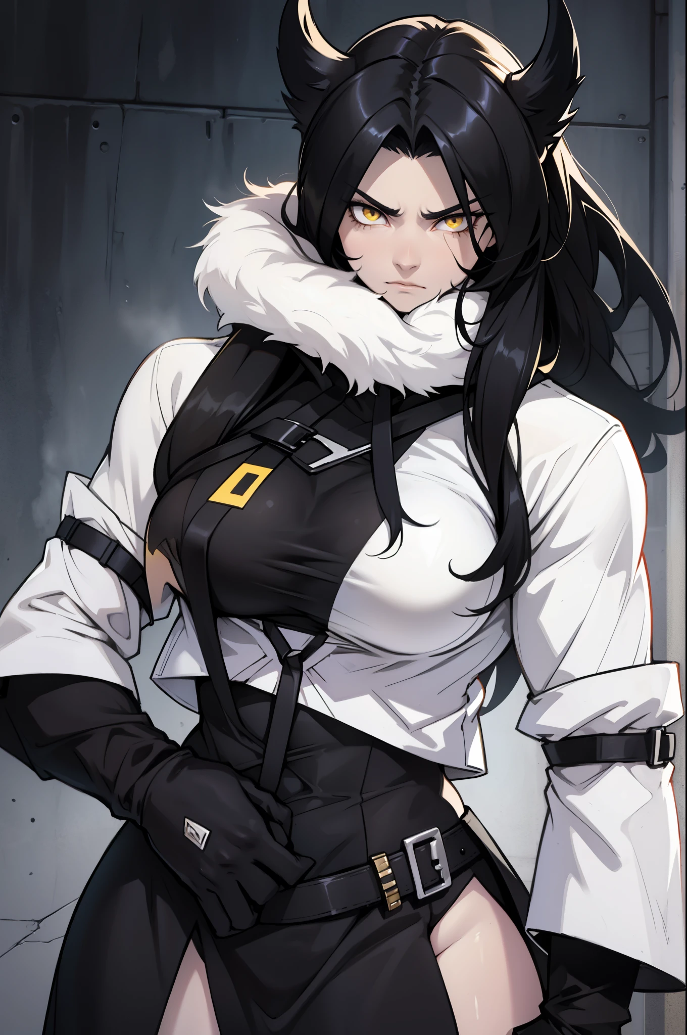 very long hair hair flaps black hair yellow eyes pale skin muscular girl very large breasts disappointed disappointed