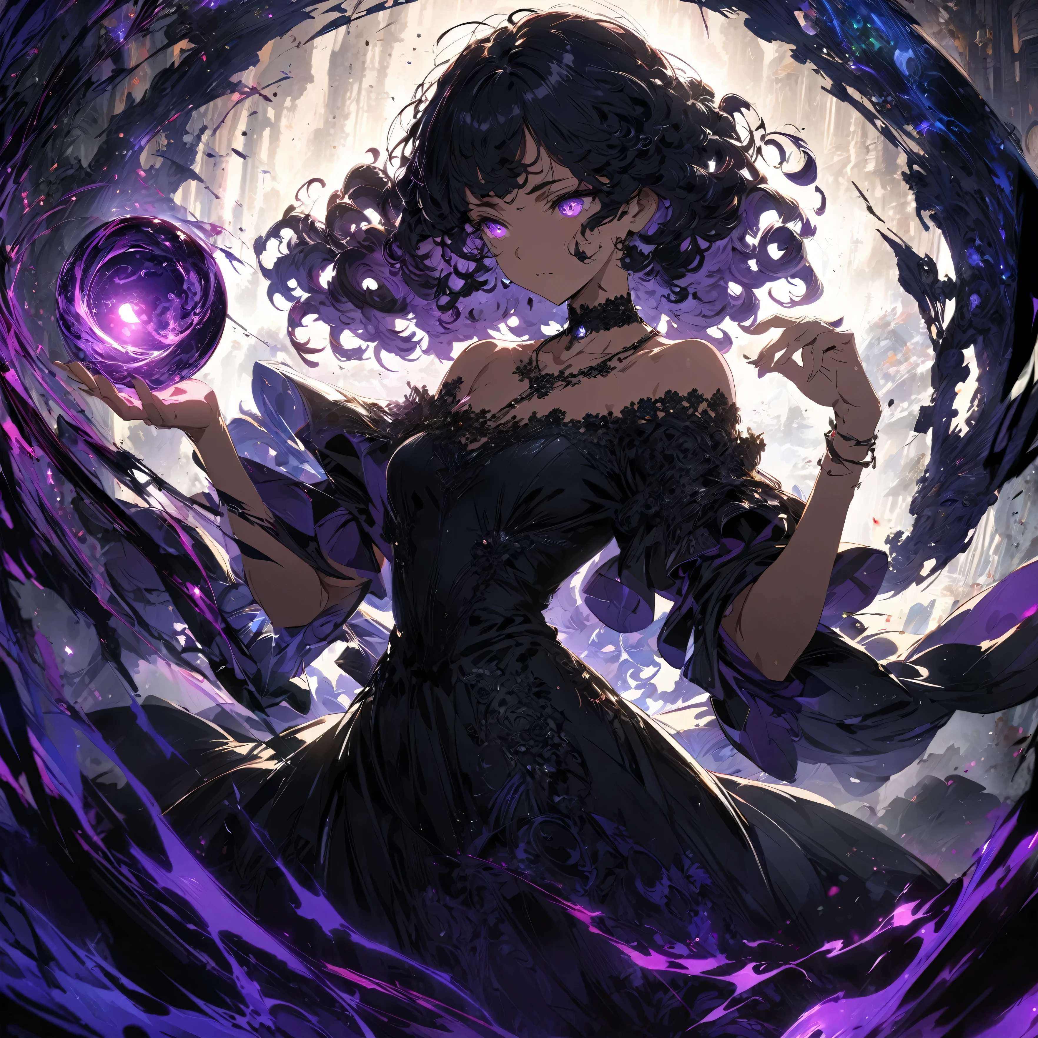 A young woman with dark, curly hair, wearing a black, off-shoulder dress with lace and intricate details, (nude:0.9), a choker necklace, standing in a mysterious environment with a glowing, swirling purple and black aura, holding a glowing purple orb in her left hand, with energy swirling around her, casting dramatic shadows, and a soft backlight illuminating her figure, detailed gorgeous face| anime style| key visual| intricate detail| highly detailed| breathtaking| vibrant| panoramic| cinematic| Carne Griffiths| Conrad Roset| gibbli 8k