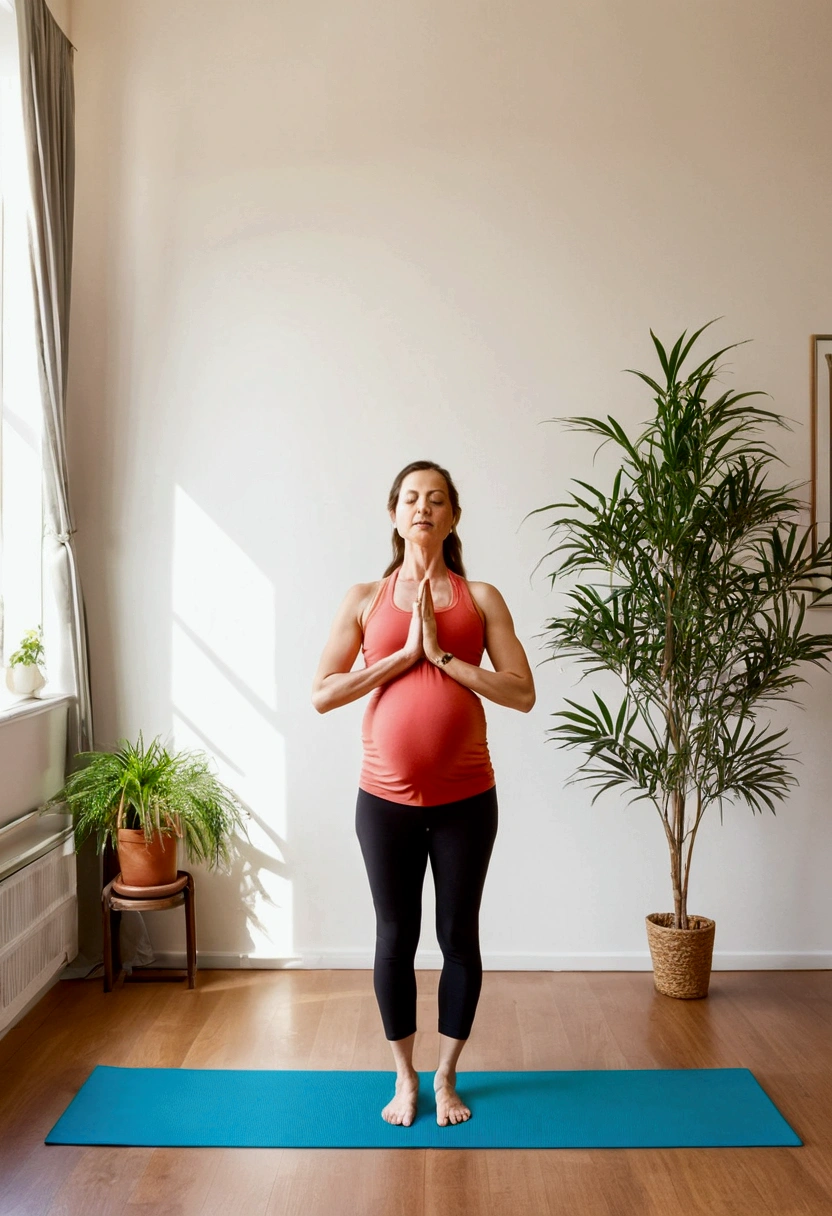 Prenatal Yoga: Mountain Pose (Tadasana): Step 2: Activate the leg muscles, raising the kneecaps without locking the knees. Prompt: "Ultra-realistic full face and body photorealistic image of a pregnant girl with a charming face, with deep hazel eyes, explaining the posture correctly towards the camera of “Step 2”"Prompt" standing in a yoga studio at home surrounded by plants, doing prenatal yoga, in a standing posture, activating the leg muscles and raising the kneecaps without locking the knees."