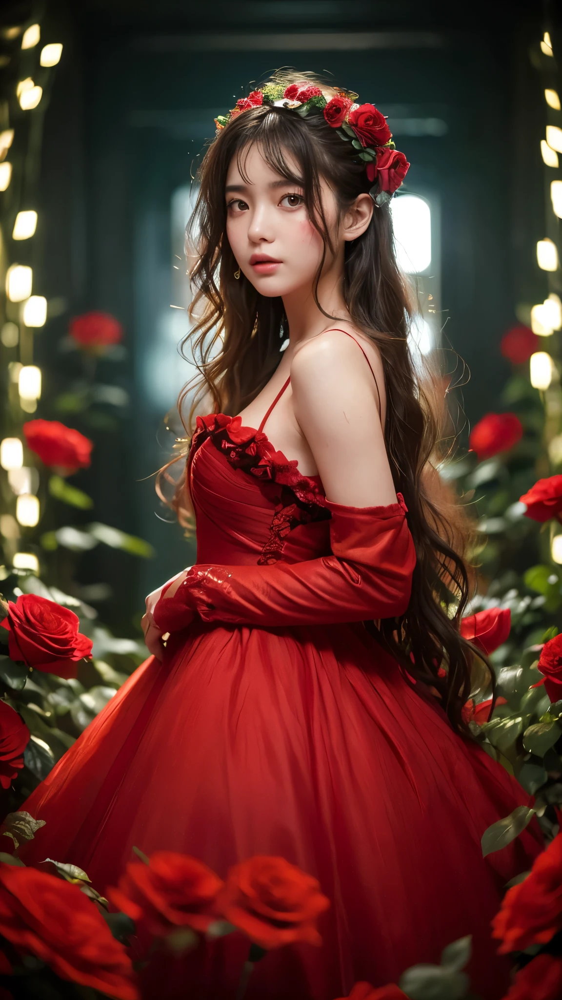 amazingly realistic, High resolution 8K photo of a beautiful 20 year old woman, ((messy side wave long hair)), And a glamorous person, (우아한 dress:1.2), dramatic lighting, masterpiece, Immersive atmosphere, chiaroscuro:(1.5, bright lights:1.2, shining light), (blur background:1.5), treasury, best quality, realistic, very detailed, HDR, Physically Based Rendering, studio lighting, vivid colors, bokeh, (real skin texture:1.3), high contrast, (fujicolor:1.5), film grain, girl in the rose garden, dress, (Red flower mess in the background..:1.3), Fascinating detailed red eyes and face, dynamic lighting, in the dark, deep shadows, low key, cowboy shot,