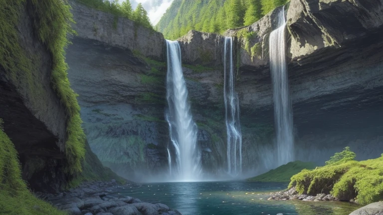 A photo of a landscape with a wonderful waterfall.