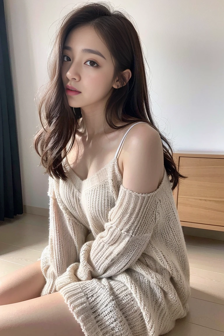 Dark brown hair、Light brown eyes、Japanese actress、I am about 40 years old.....、(Intricate details:1.2)、(Which is the top?????:1.4)、 (Ultra-high resolution:1.2)、Ultra-high resolution、(Fine-tune)、(Detailed facial features)、Hmph、8k解像度、D cup size breasts、Long Hair、Large windows、Extravagant space、relax、、,Full body photo、headからつま先までのショット、Beautiful feet、Beautiful feet、Airy, Sunny living room、ソファにsit、she, household items, (plant:0.8), Fashion Hub, Very detailedな, Very detailed, Realistic, Hourglass Shaped Body, Obscene pose,、、私 cry a lot、tears、person on the left、White wall、White floor、diagonally from below、please lift your chin、Press your butt against the wall、relaxした表情、Pose of Weakness、(auraroid photo:1.2)、From outside the window、A masterpiece of transparent painting、8k、32K、Highest quality、(Details of both eyes)、1 girl、elegant、(Loose knit camisole :1.4)、sit、(Top View、Take a look here、Tilt'head:1.2)、Hilarious、Looking into the camera、