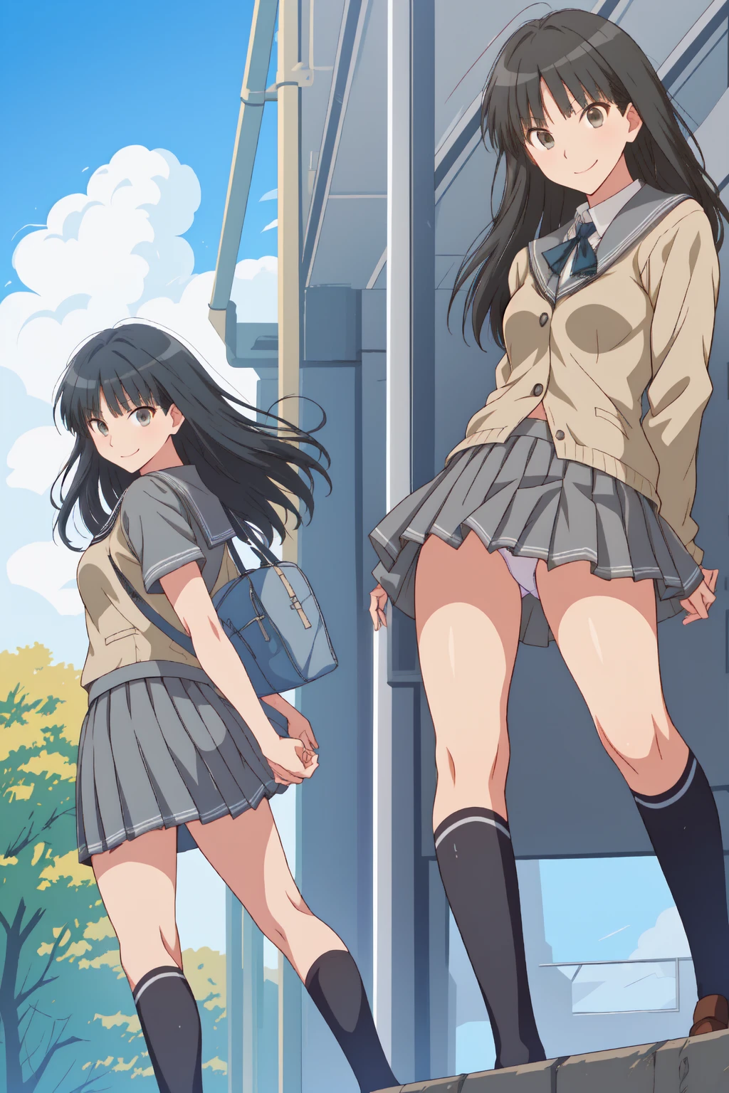 Highest quality, Ultra-high resolution,Official style cel animation,(Multiple Views)Amagami Tsukasa Ayatsuji,high school girl,uniform,Grey mini skirt,Summer Shirts.Unlock button,good,panties,Long Hair,Straight hair,Full body portrait,From below,In front of the station,sunny,smile,Low Angle