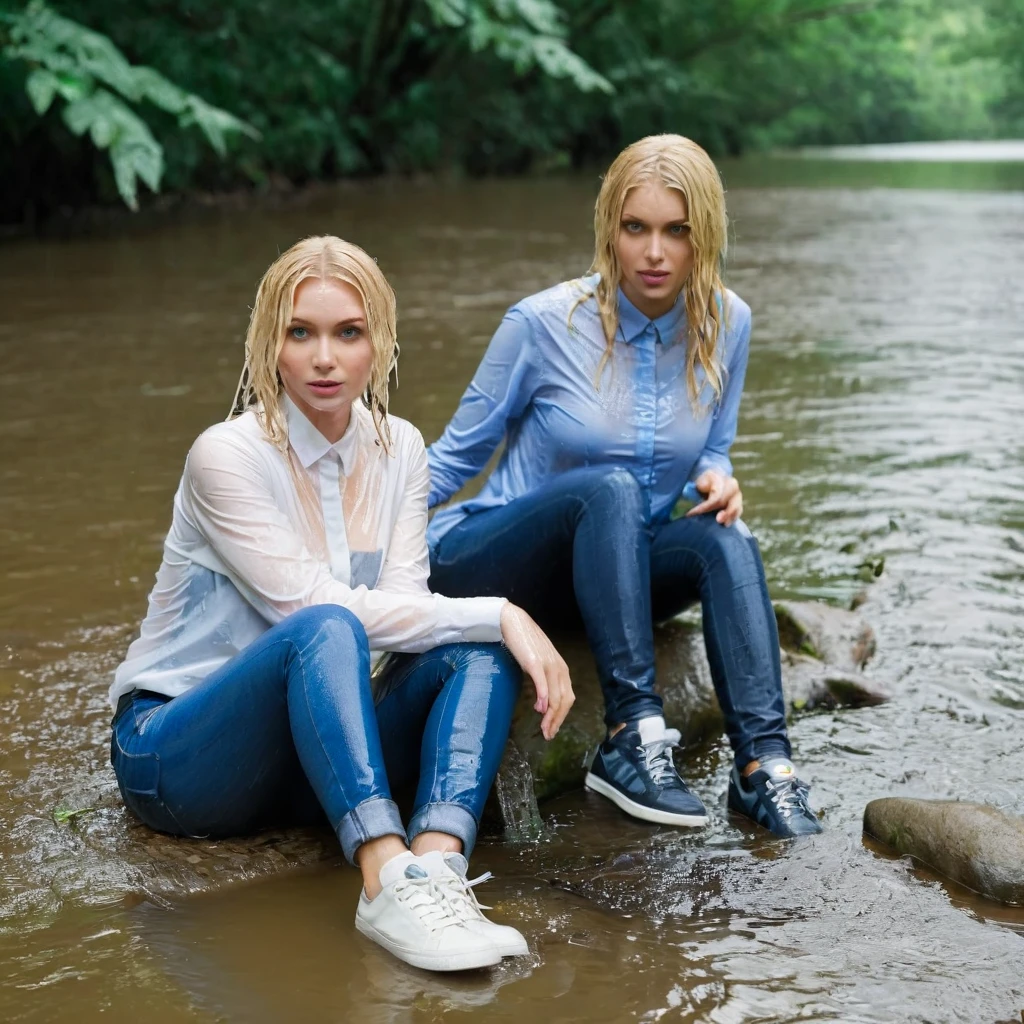 two women, jeans, sneakers, blonde hair, blue eyes, in the rain, wet shirt, wet blouse, white blousesoaked hair, sitting in a creek in the water