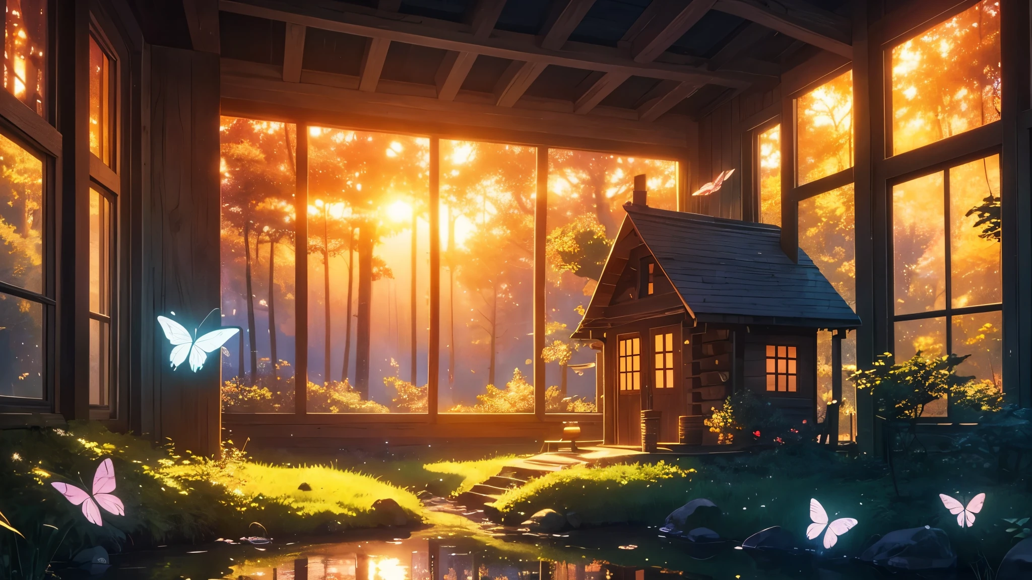 a cabin in a magical forest in surreal anime style for ambient music cover. n sunset and glass butterflies float across the scene. Smooth and ethereal animation style, reminiscent of the works of Hayao Miyazaki mixed with the surrealism of &#39;Paprika&#39;. Soft and dreamlike color palette: deep blues, soft greens and delicate pinks. The general atmosphere is serene and mystical. Composition that invites the viewer to immerse themselves in this dream world