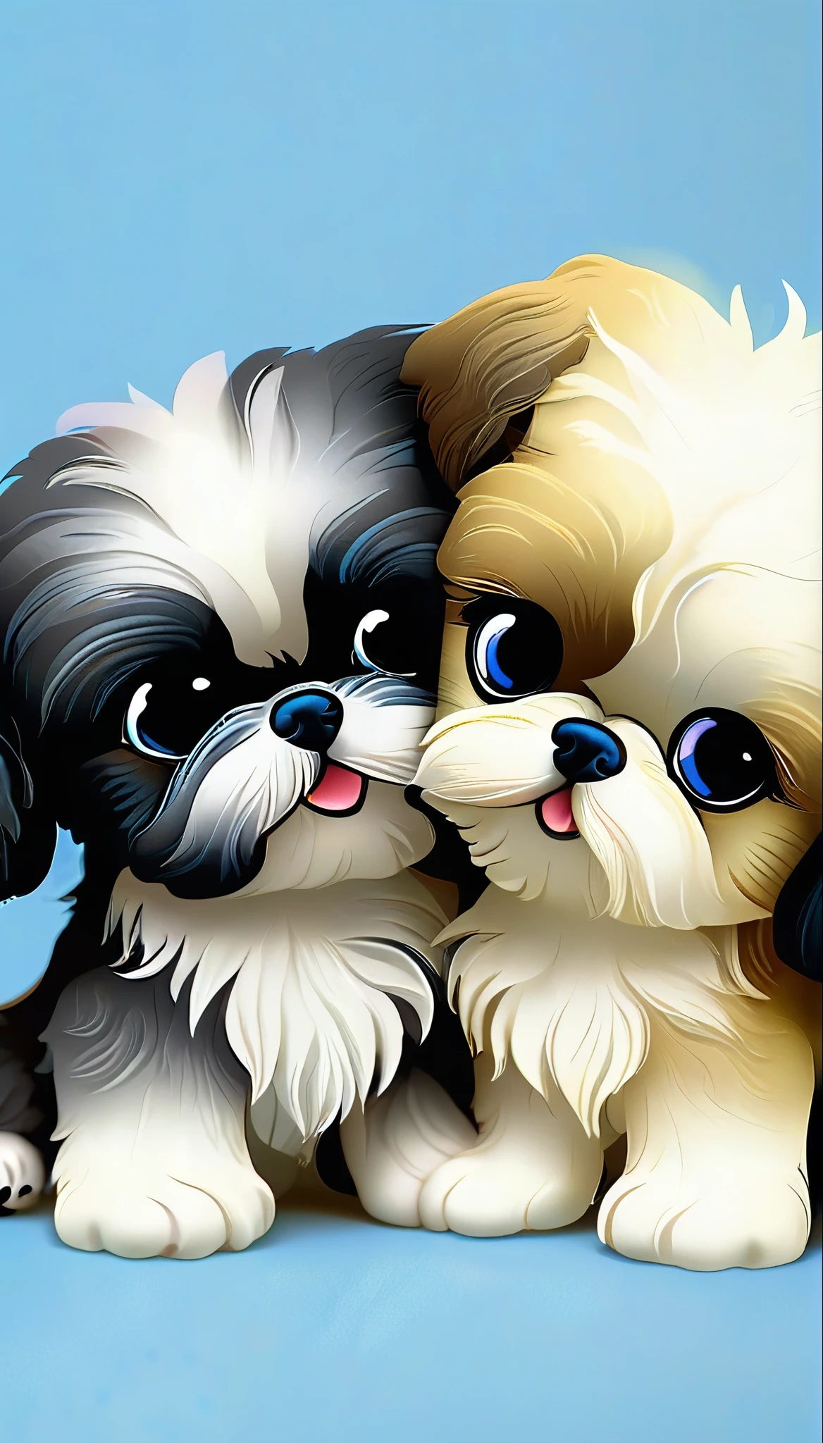 2 adorable small black shih tzu puppies, highly detailed, furry, soft, plush texture, photorealistic, intricate details, realistic fur, paws, pads, blue eyes with highlights, adorable, cute, fluffy, huggable, 8k, photorealistic, hyper detailed, masterpiece, studio lighting, cinematic lighting, dramatic shadows, vibrant colors, rich textures, clean lines, sharp focus, lifelike