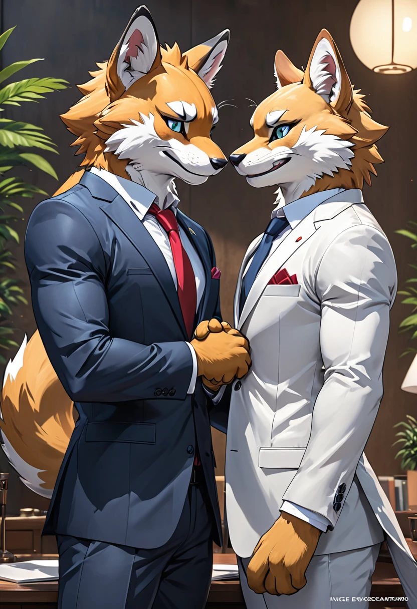 cover page, highres, top quality, best quality, paid reward available, High-quality illustrations, unparalleled masterpiece, perfect artwork, absurdres, super high resolution, detailed background, perfect anatomy, nice 2boys, kemono, suit, furry anthro, Top executives shake hands on the achievement of the project, smile, portrait,