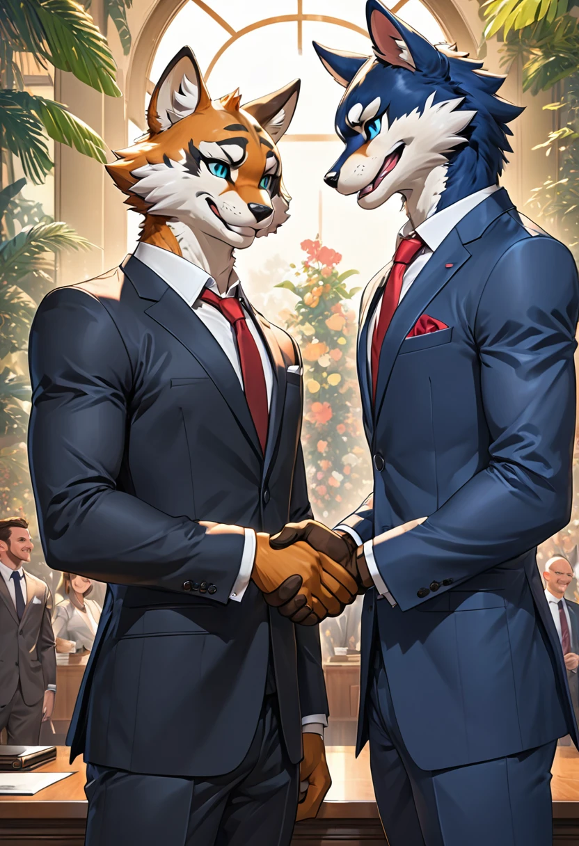 cover page, highres, top quality, best quality, paid reward available, High-quality illustrations, unparalleled masterpiece, perfect artwork, absurdres, super high resolution, detailed background, perfect anatomy, nice 2boys, kemono, suit, furry anthro, Top executives shake hands on the achievement of the project, smile, portrait,