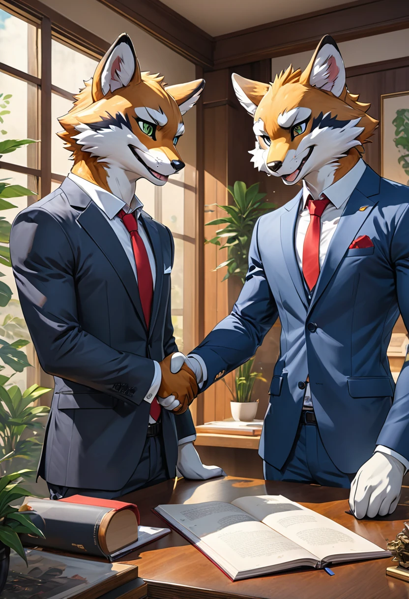 cover page, highres, top quality, best quality, paid reward available, High-quality illustrations, unparalleled masterpiece, perfect artwork, absurdres, super high resolution, detailed background, perfect anatomy, nice 2boys, kemono, suit, furry anthro, Top executives shake hands on the achievement of the project, smile, portrait,