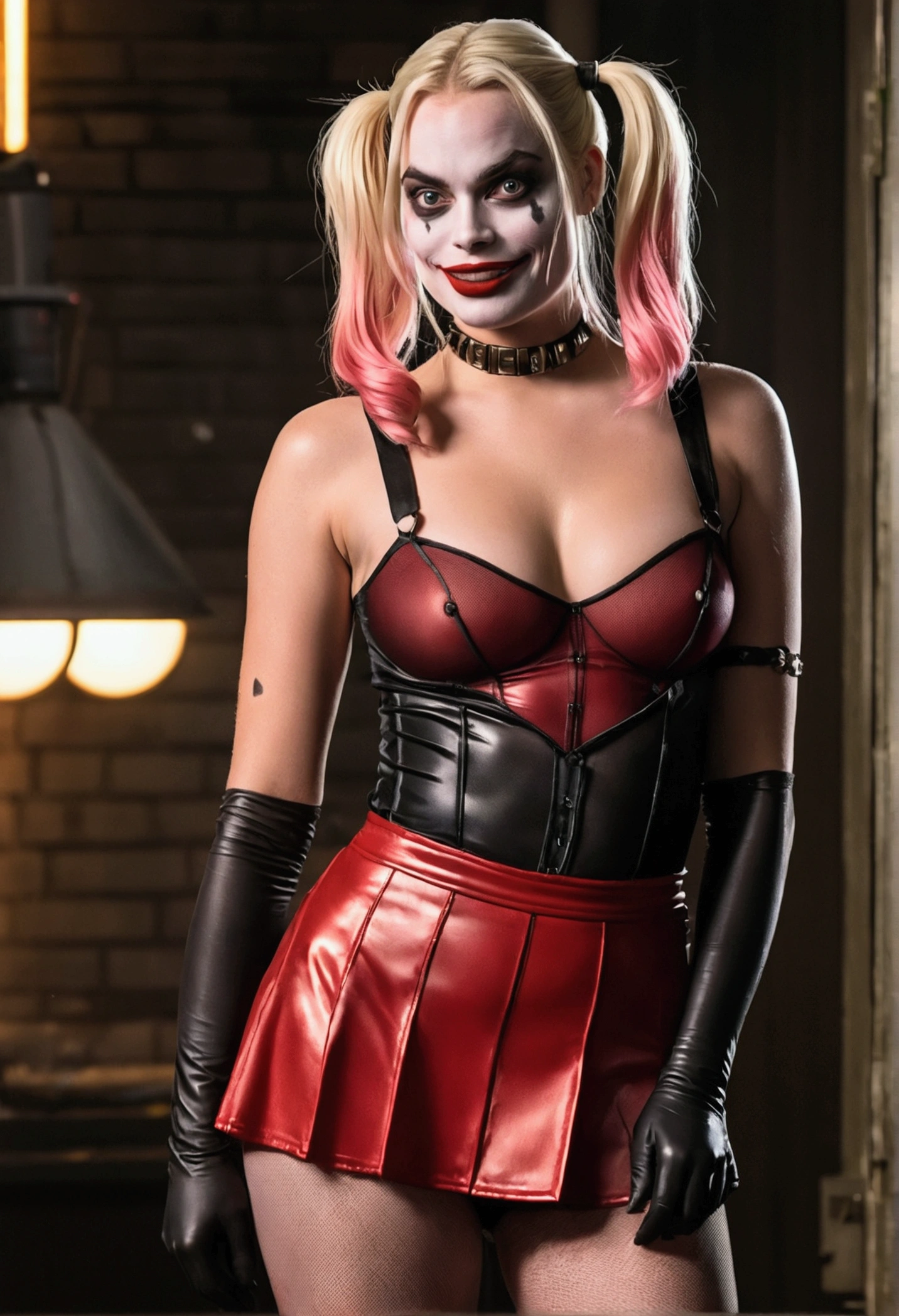 Margot Robbie as Harley Quinn wearing a skimpy transparent see-through Harley Quinn outfit, micro-skirt, beautiful girl, nsfw, thick thighs, busty, cleavage, not safe for work, nipples, perfect vagina, trimmed pussy hair, thick pubic hair, dark inspired makeup, able to see nipples & pussy through clothing, war zone background, oiled, daylight, twin tails hair