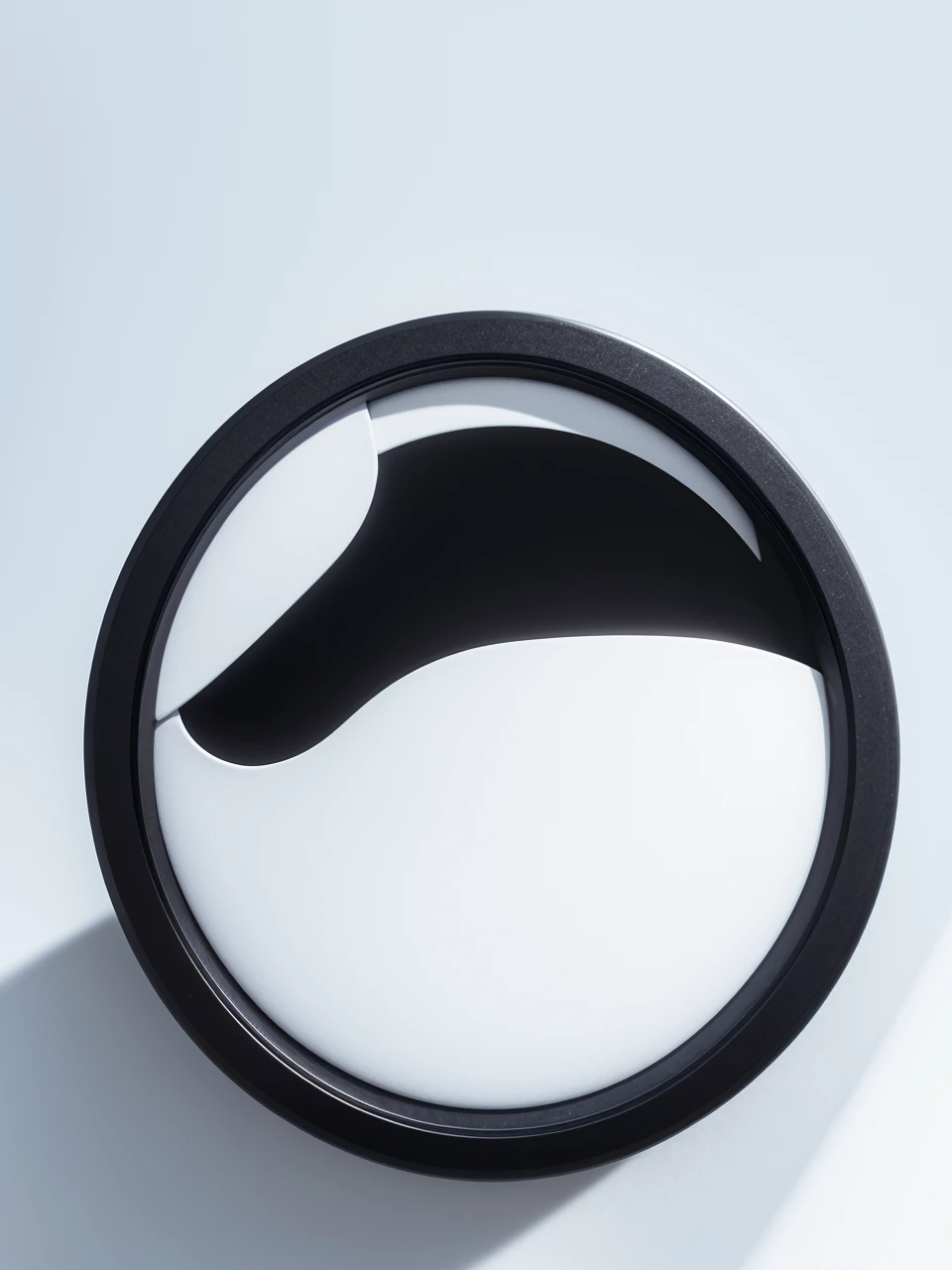A circular, black symbol with a white background
