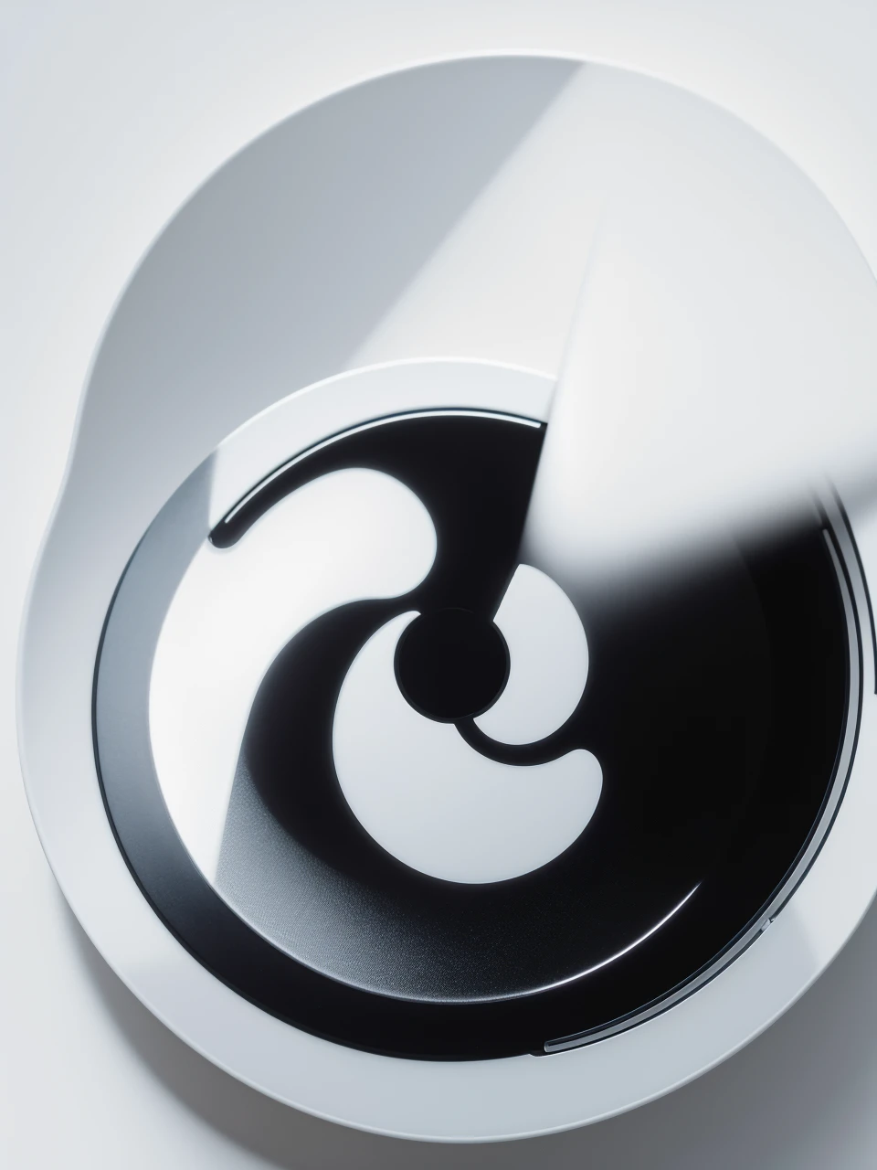 A circular, black symbol with a white background