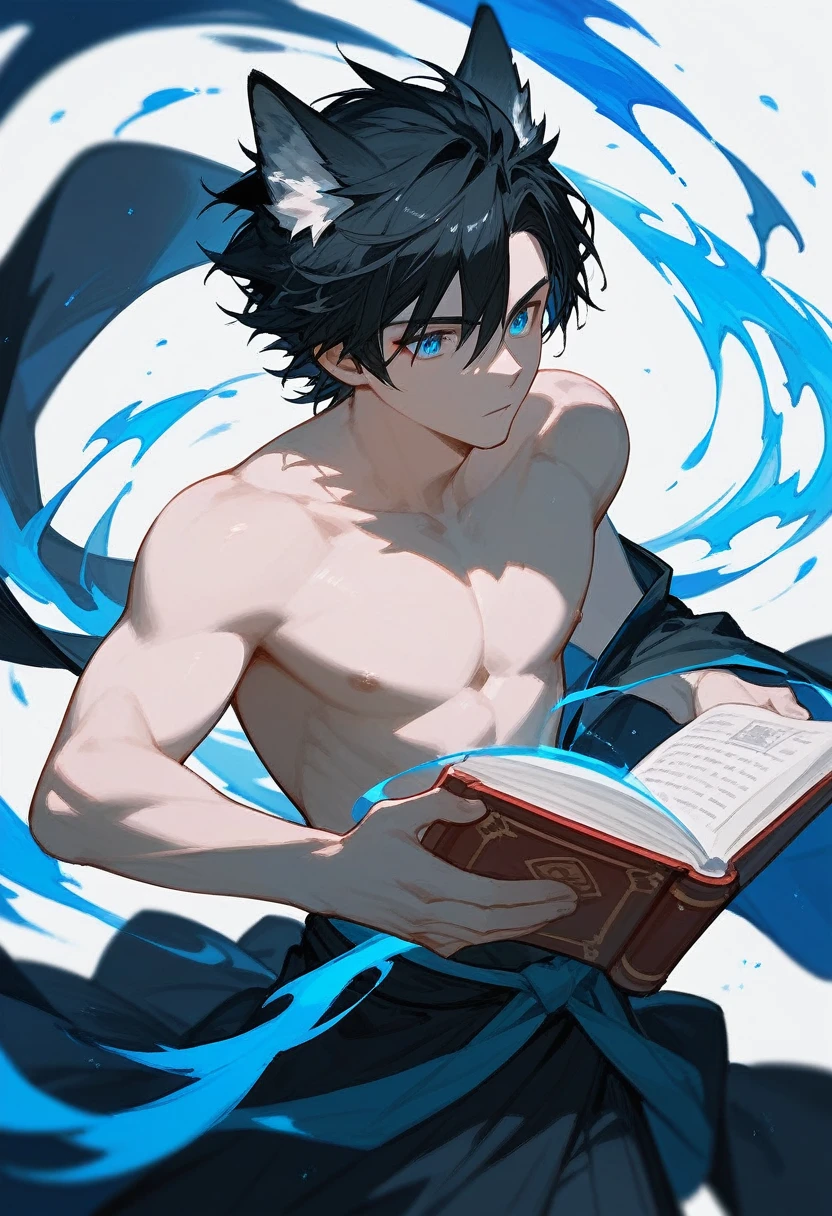(score_9,score_8_up,score_7_up),1male,black hair hair,blue eyes, Feathered black robe, shirtless,wolf ear, hansome_face,hold a book, dynamic pose To cast magic,Red shaman skirt
