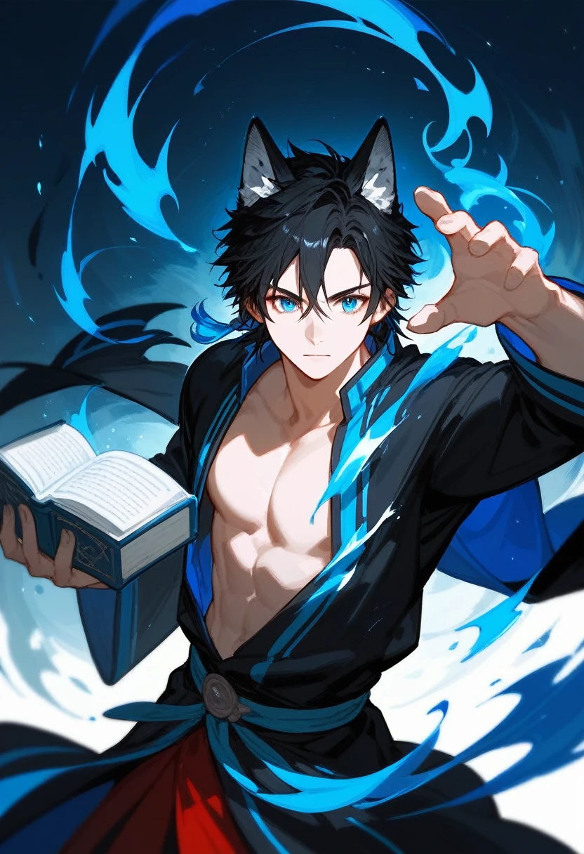 (score_9,score_8_up,score_7_up),1male,black hair hair,blue eyes, Feathered black robe, shirtless,wolf ear, hansome_face,hold a book, dynamic pose To cast magic,Red shaman skirt