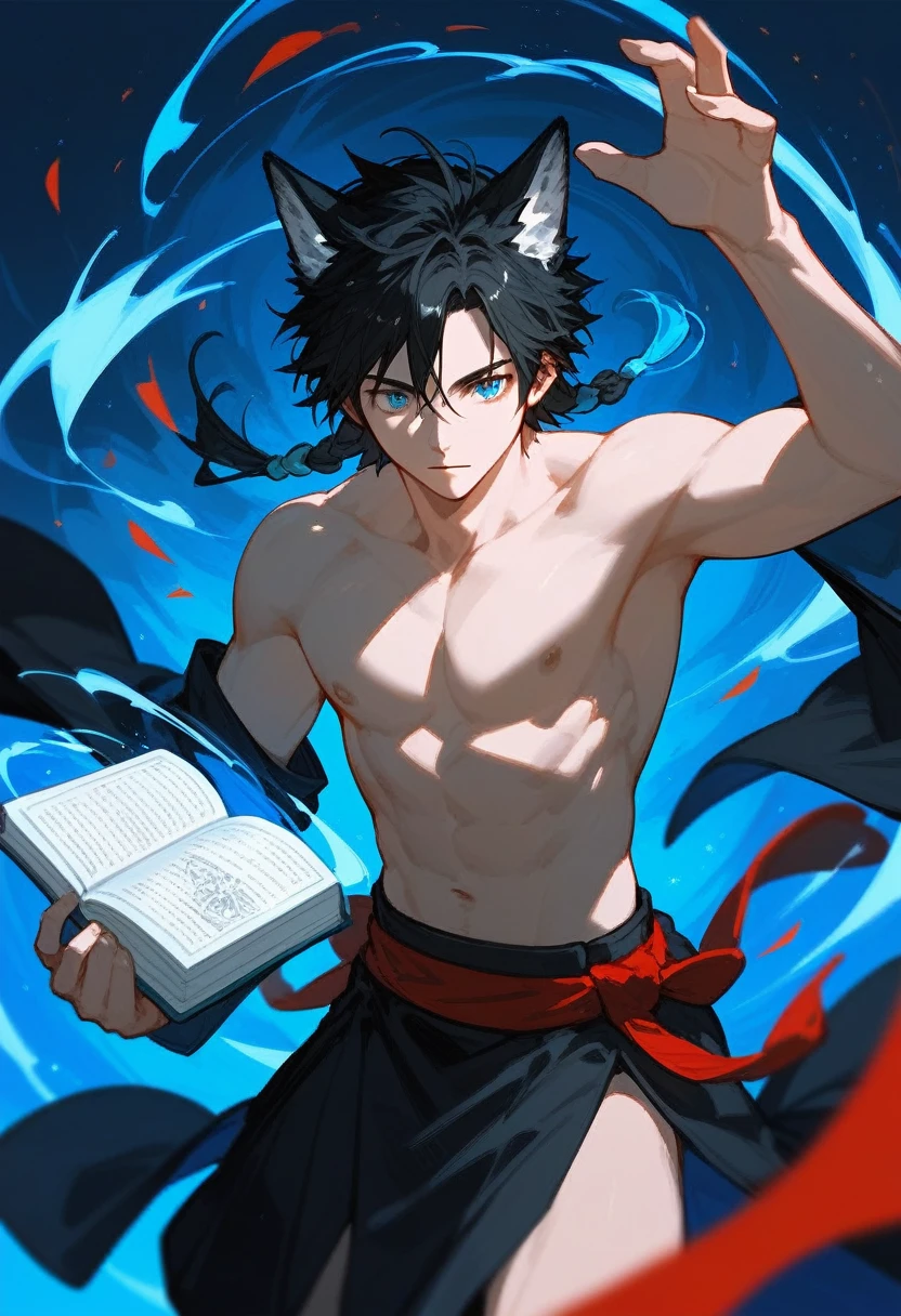 (score_9,score_8_up,score_7_up),1male,black hair hair,blue eyes, Feathered black robe, shirtless,wolf ear, hansome_face,hold a book, dynamic pose To cast magic,Red shaman skirt