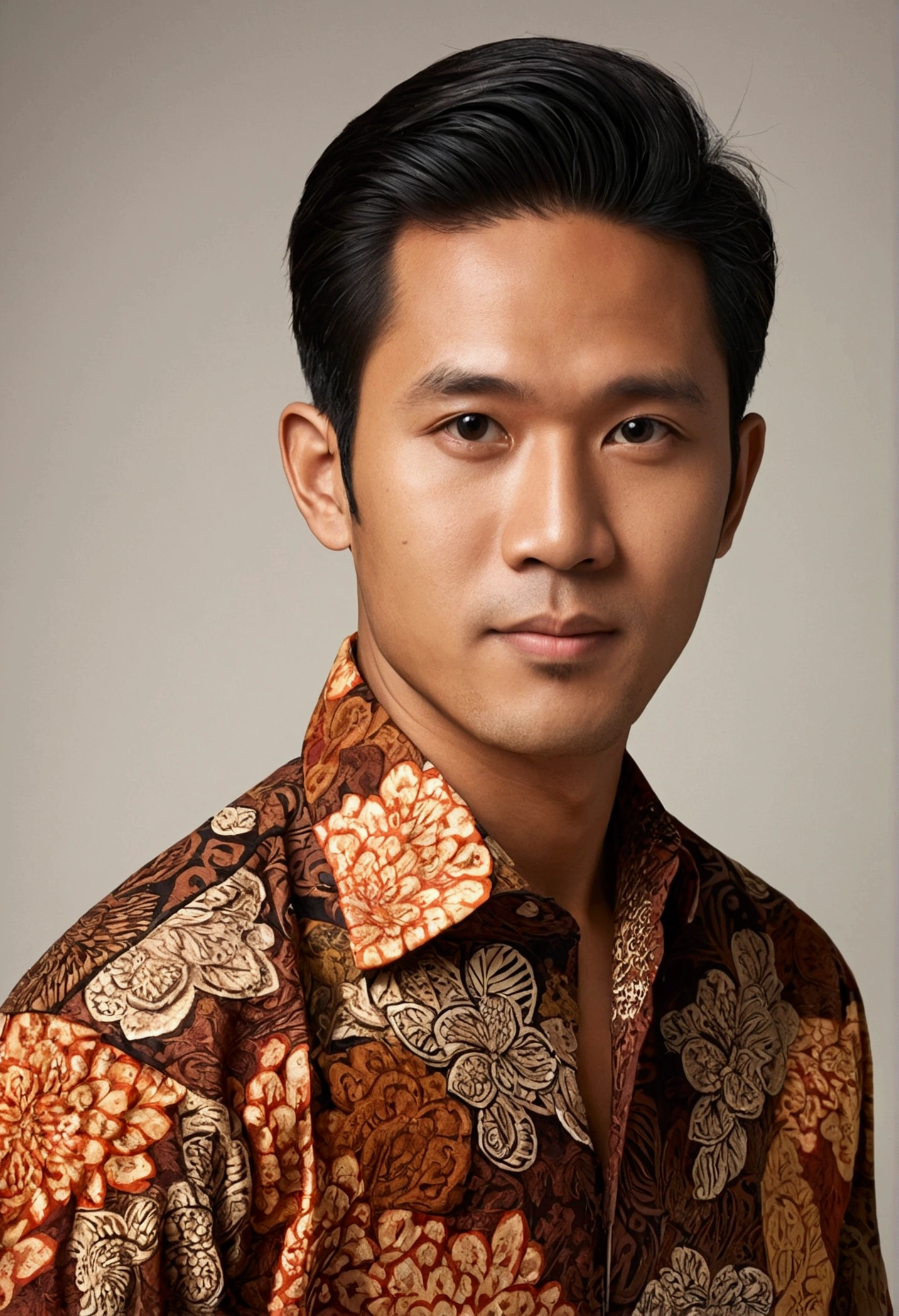 30 year old man with side hair wearing Indonesian batik clothes