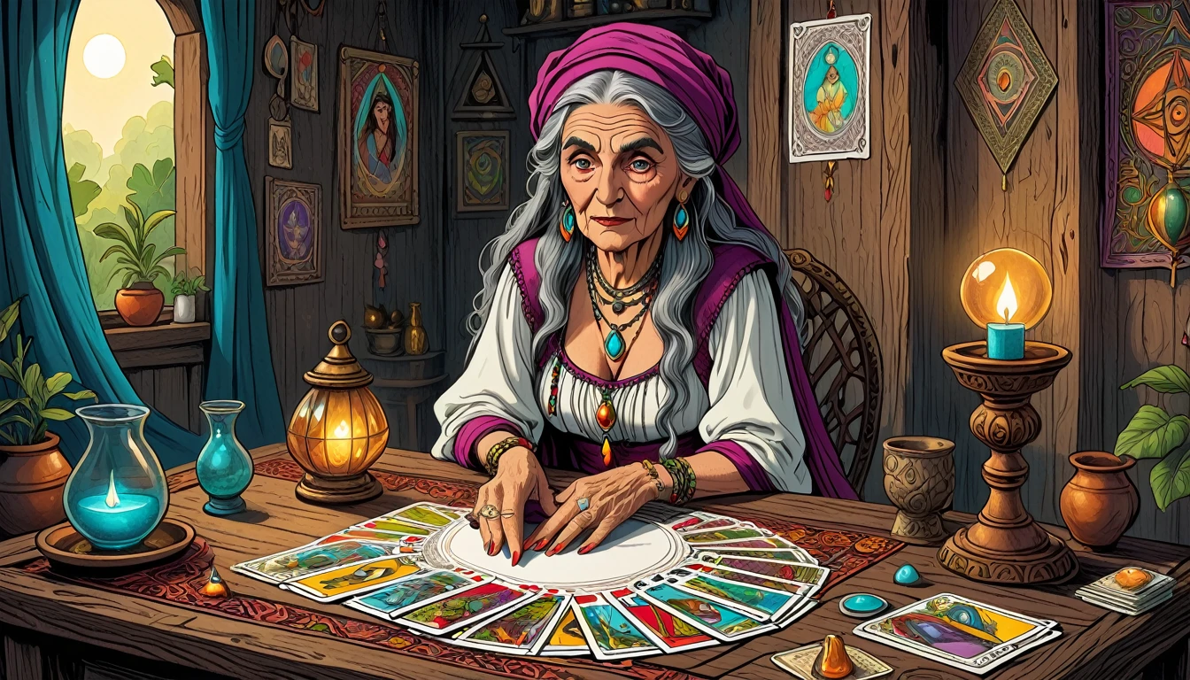 An ultra-highly detailed hand drawn with colored pencils, comic book style illustration depicting an old woman gypsy fortune-teller with one all-white glass eye presenting a deck of Tarot cards laid out on an ancient divination table. The scene is inspired by occult art and esoteric symbolism. The mystical cards tell an expressive and captivating story amidst a room decorated in a Bohemian design. Captured from a dynamic angle, emphasizing the creative and dreamy elements with bold, deep colors.