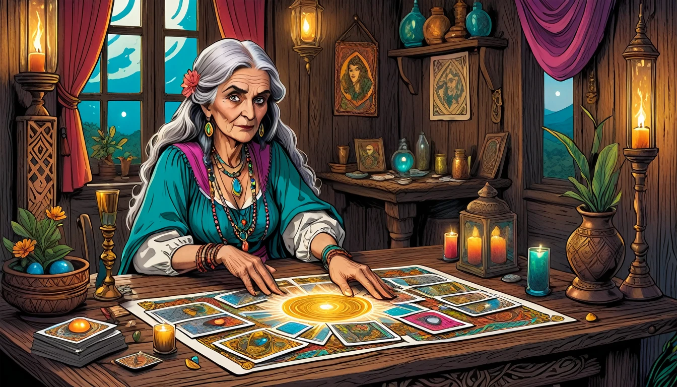 An ultra-highly detailed hand drawn with colored pencils, comic book style illustration depicting an old woman gypsy fortune-teller with one all-white glass eye presenting a deck of Tarot cards laid out on an ancient divination table. The scene is inspired by occult art and esoteric symbolism. The mystical cards tell an expressive and captivating story amidst a room decorated in a Bohemian design. Captured from a dynamic angle, emphasizing the creative and dreamy elements with bold, deep colors.