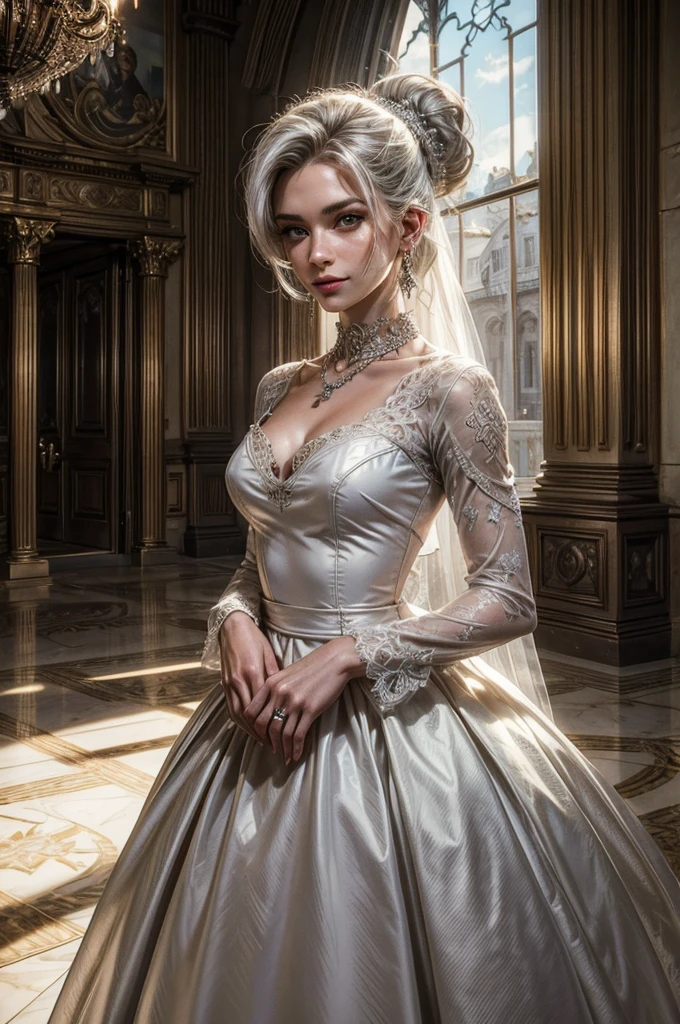 (masterpiece, best quality:1.2), cowboy shot, weissvale, smile, closed mouth, looking at viewer, long white hair, side ponytail, scar above eye, scar below eye, wedding dress, jewelry, necklace, earrings, future_urban, indoors, standing inside, ornate palace, great hall, wedding reception, elegant crowd, men and women in military uniforms, women in gowns marble floor, chandeliers, arch, pillars, (volumetric lighting), intricate details, tonemapping, sharp focus, hyper detailed