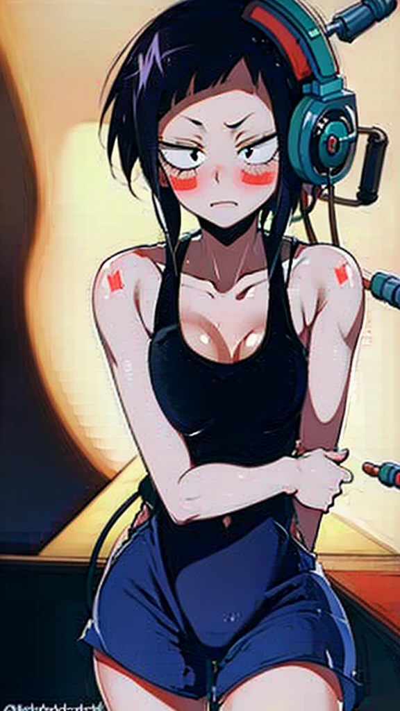 - **Character:** Erlang Xiangxiang (Kyoka Jiro) from My Hero Academia (My Hero Academia)
- **Description:** A teenage girl with short, asymmetrical dark purple hair, and unique earlobes that have headphone jacks at the ends.
- **Pose:** Both arms raised above her head.
- **Outfit:** Summer casual clothing that is torn from battle. This could include a tank top or t-shirt and shorts, visibly ripped and damaged.
- **Expression:** Embarrassed and blushing, with her cheeks noticeably red.
- **Details:** Sweating heavily, indicating exhaustion and the intensity of the recent battle.
- **Background:** A simple or abstract background that highlights the character.
- **Style:** Anime-style, similar to the original art style of My Hero Academia.
- **Lighting:** Bright and dynamic, focusing on the character's emotional and physical state.
- **Additional elements:** Ensure the headphone jacks on her earlobes are clearly visible and accurate.