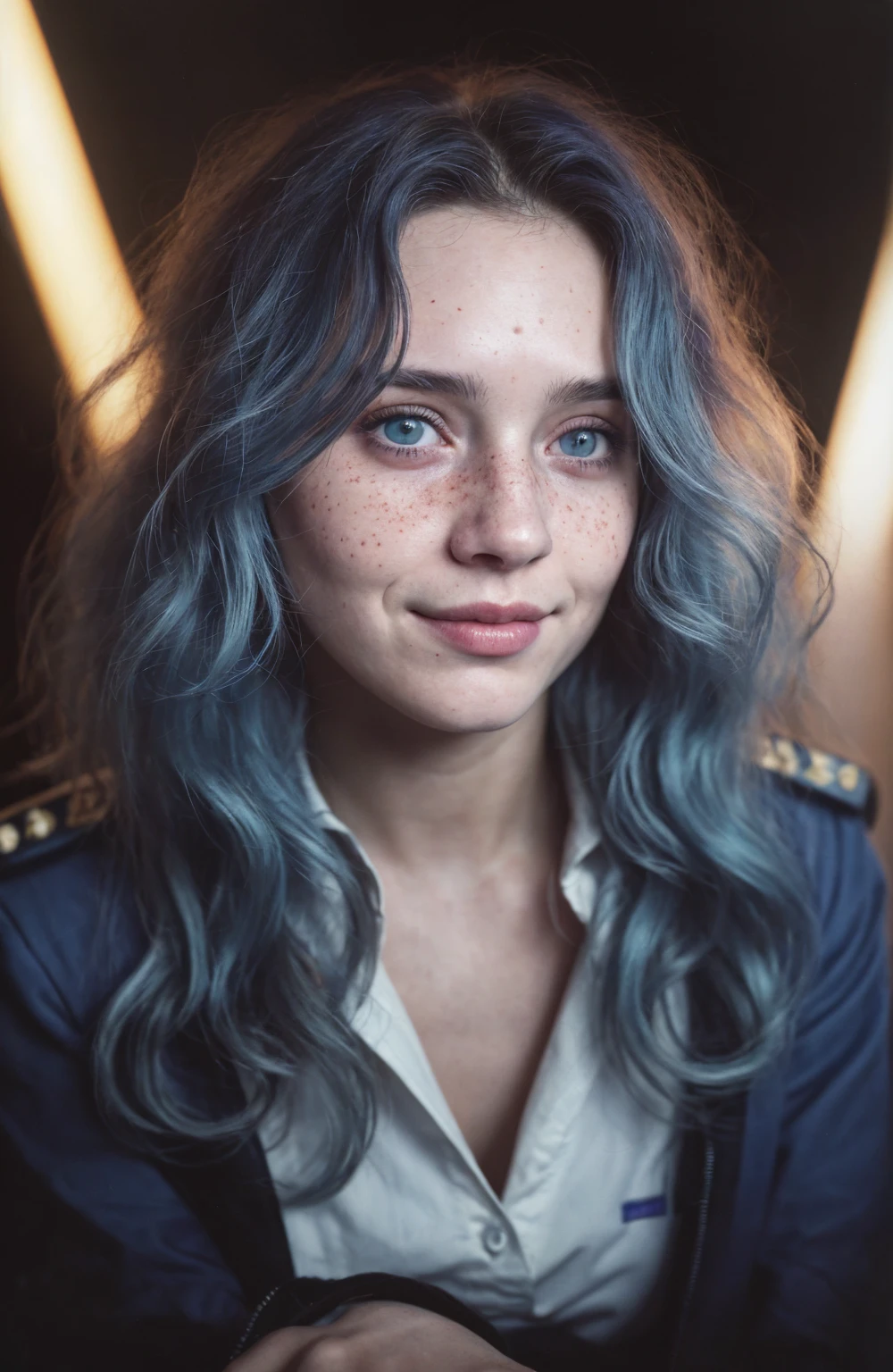 (Close-up, editorial photograph of a 21 year old woman), (highly detailed face:1.4) (smile:0.7) (background inside dark, moody, private study:1.3) POV, by lee jeffries, nikon d850, film stock photograph ,4 kodak portra 400 ,camera f1.6 lens ,rich colors, hyper realistic ,lifelike texture, dramatic lighting , cinestill 800, wavy hair, messy hair, curls, 80s hairstyle, Mischievous smirk, Blue hair, Blue Eyes, freckles, White Skin, Sci Fi, Spaceship, Cyberpunk, Futurism, Military Uniform, Technocratic Union, Astral Plane, European expressions, European woman, European skin