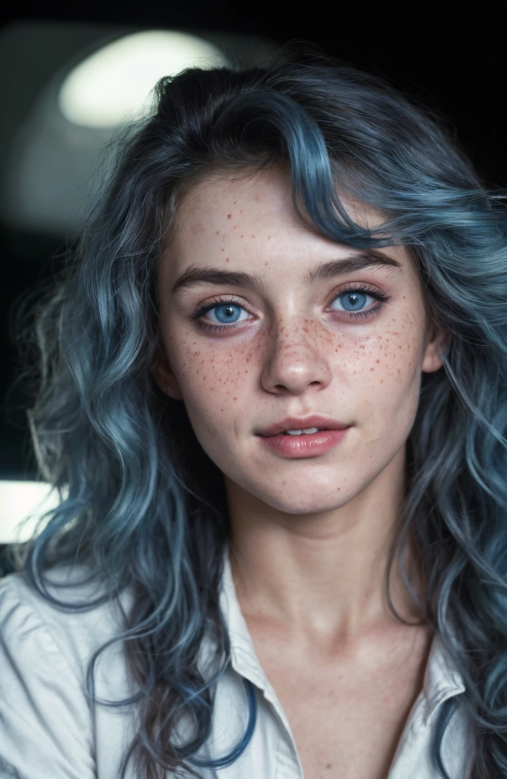 (Close-up, editorial photograph of a 21 year old woman), (highly detailed face:1.4) (smile:0.7) (background inside dark, moody, private study:1.3) POV, by lee jeffries, nikon d850, film stock photograph ,4 kodak portra 400 ,camera f1.6 lens ,rich colors, hyper realistic ,lifelike texture, dramatic lighting , cinestill 800, wavy hair, messy hair, curls, 80s hairstyle, Mischievous smirk, Blue hair, Blue Eyes, freckles, White Skin, Sci Fi, Spaceship, Cyberpunk, Futurism, Military Uniform, Technocratic Union, Astral Plane, European expressions, European woman, European skin