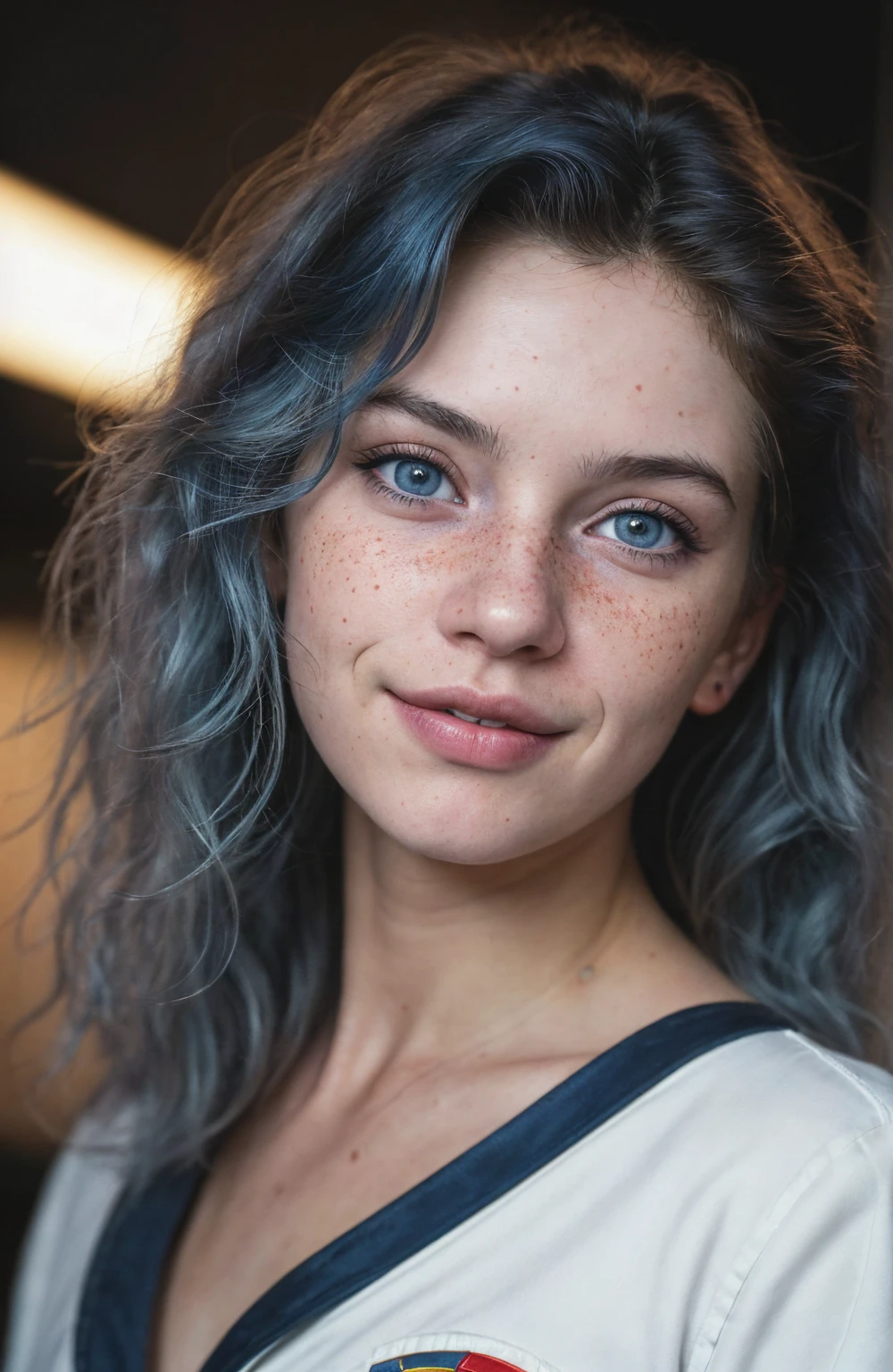 (Close-up, editorial photograph of a 21 year old woman), (highly detailed face:1.4) (smile:0.7) (background inside dark, moody, private study:1.3) POV, by lee jeffries, nikon d850, film stock photograph ,4 kodak portra 400 ,camera f1.6 lens ,rich colors, hyper realistic ,lifelike texture, dramatic lighting , cinestill 800, wavy hair, messy hair, curls, 80s hairstyle, Mischievous smirk, Blue hair, Blue Eyes, freckles, White Skin, Sci Fi, Spaceship, Cyberpunk, Futurism, Military Uniform, Technocratic Union, Astral Plane, European expressions, European woman, European skin