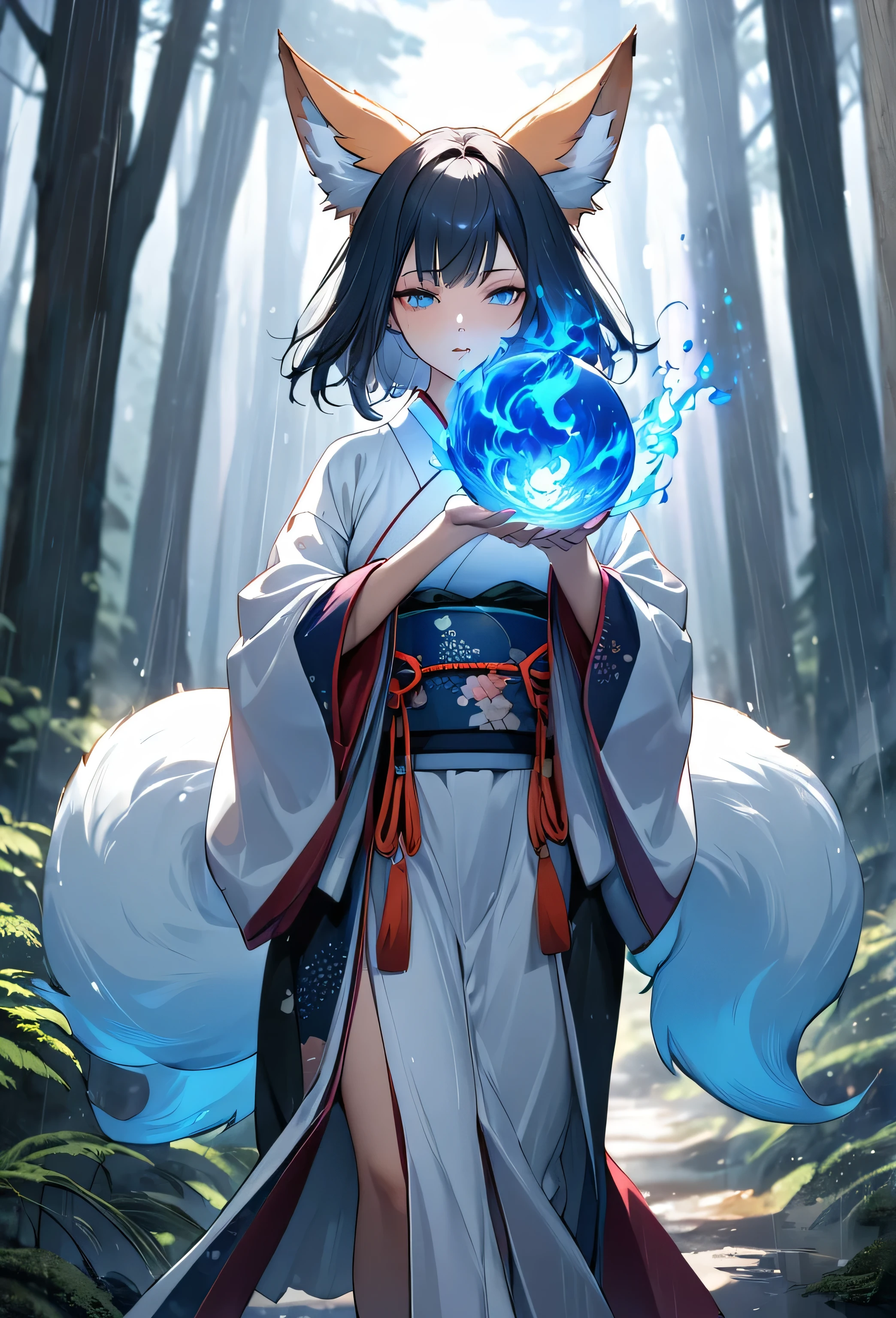 Masterpiece, Extremely detailed, , close distance shot, (A beautiful kitsune woman walking in a rainy forest holding a small ball of blue fire), facing viewer, dynamic pose , fox ears, nine fox tails, traditional Japanese clothing.