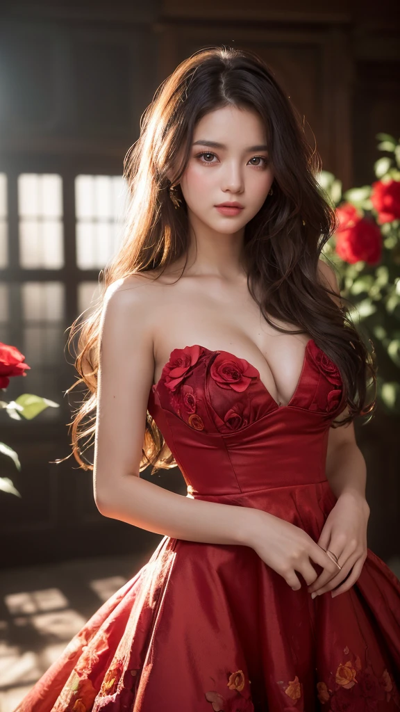 amazingly realistic, High resolution 8K photo of a beautiful 20 year old woman, ((messy side wave long hair)), And a glamorous person, (우아한 dress:1.2), dramatic lighting, masterpiece, Immersive atmosphere, chiaroscuro:(1.5, bright lights:1.2, shining light), (blur background:1.5), treasury, best quality, realistic, very detailed, HDR, Physically Based Rendering, studio lighting, vivid colors, bokeh, (real skin texture:1.3), high contrast, (fujicolor:1.5), film grain, girl in the rose garden,  dress, The cleavage is visible, (Red flower mess in the background..:1.3), Fascinating detailed red eyes and face, dynamic lighting, in the dark, deep shadows, low key, cowboy shot, 