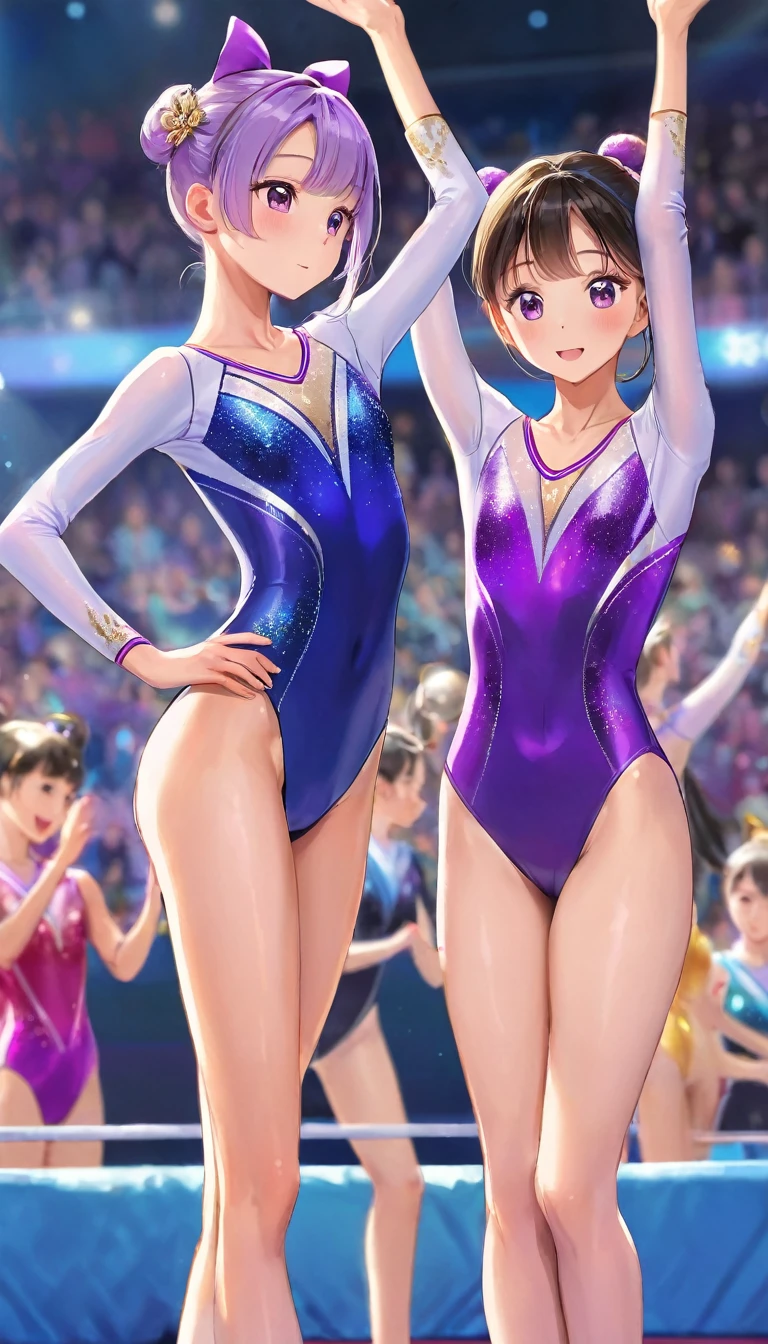 expensivequality illustration, masterpiece, Very delicate and beautiful, Attractive girl,(Gymnastics leotard,Tight leotard,length_Leotard with sleeves,expensive_Leg leotard,athletic leotard),Purple ears,Short here, Audience reaction,thin,Slender body,slim,expensive school,Gym,Gymnastics Club,2 girls,