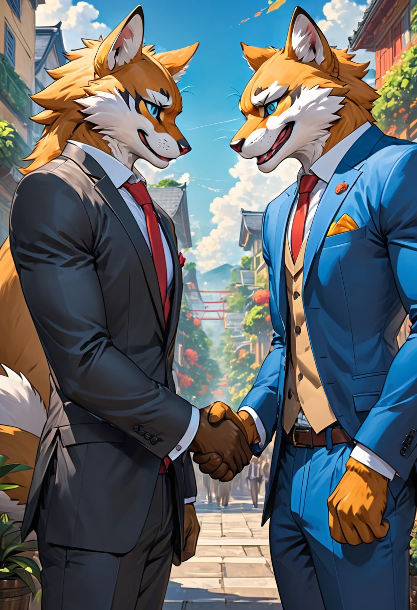 cover page, highres, top quality, best quality, paid reward available, High-quality illustrations, unparalleled masterpiece, perfect artwork, absurdres, super high resolution, detailed background, perfect anatomy, nice 2boys, kemono, suit, furry anthro, Top executives shake hands on the achievement of the project, smile, portrait,