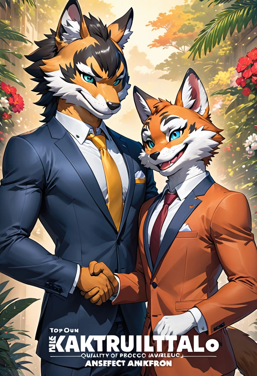 cover page, highres, top quality, best quality, paid reward available, High-quality illustrations, unparalleled masterpiece, perfect artwork, absurdres, super high resolution, detailed background, perfect anatomy, nice 2boys, kemono, suit, furry anthro, Top executives shake hands on the achievement of the project, smile, portrait,