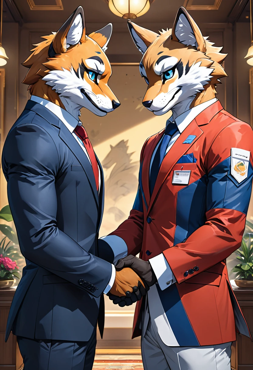 cover page, highres, top quality, best quality, paid reward available, High-quality illustrations, unparalleled masterpiece, perfect artwork, absurdres, super high resolution, detailed background, perfect anatomy, nice 2boys, kemono, suit, furry anthro, Top executives shake hands on the achievement of the project, smile, portrait,