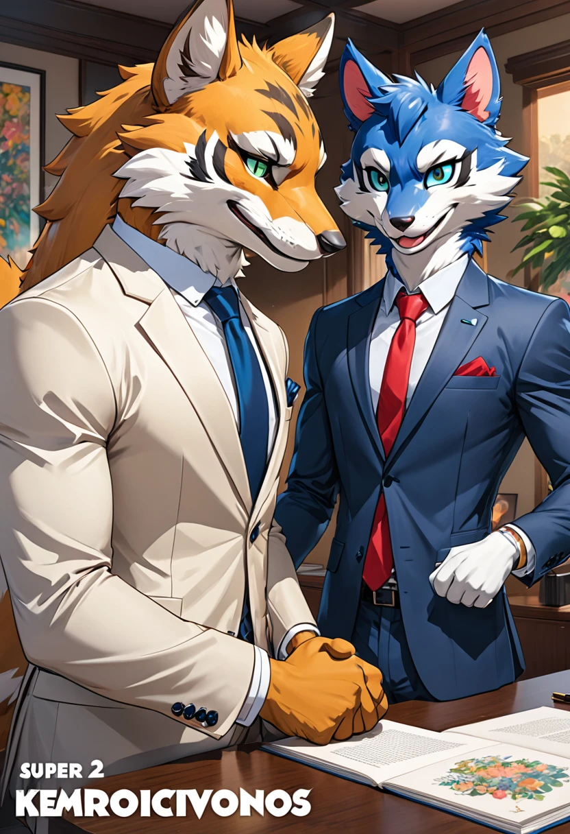 cover page, highres, top quality, best quality, paid reward available, High-quality illustrations, unparalleled masterpiece, perfect artwork, absurdres, super high resolution, detailed background, perfect anatomy, nice 2boys, kemono, suit, furry anthro, Top executives shake hands on the achievement of the project, smile, portrait,