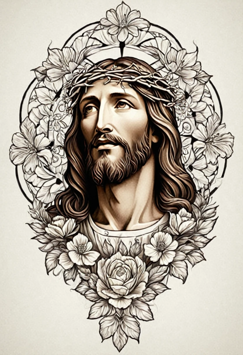 design of a tattoo of Jesus Christ and floral patterns