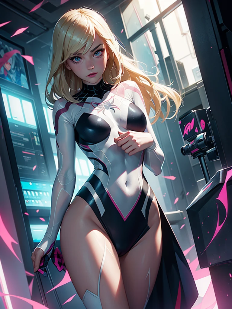 Gwen Aranha, organic-looking clothing ( degree of transparency) organic clothing Venom Symbiote, belas artes, PS5 cinematic screenshot, Highly detailed cinematic rendering, raytricing ultra fotorrealista, with cinematic lighting, (peitos pontudo natural:1.2), quadris largos anatomia correta.