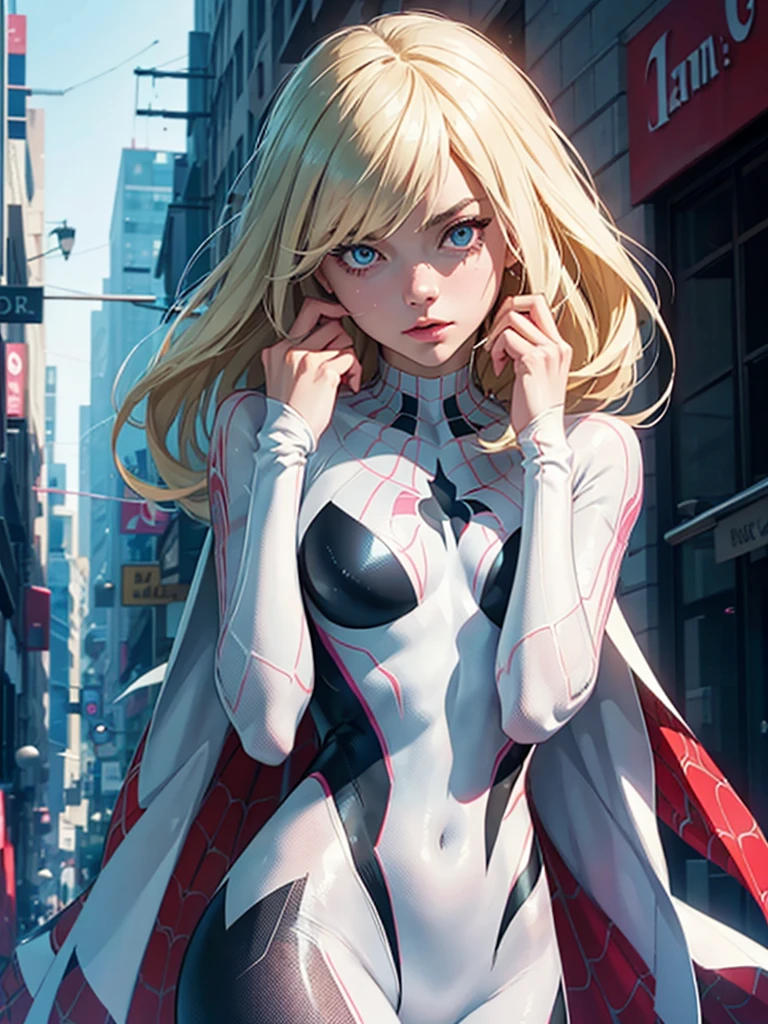 Behind, (masterpiece), Best quality, expressive eyes, perfect face, a high resolution, 1 girl, One, gwen stacy, SPIDER GWEN, Spider-Gwen Costume, Body, without masks, blonde hair, standing, portrait, I look at the viewer, 