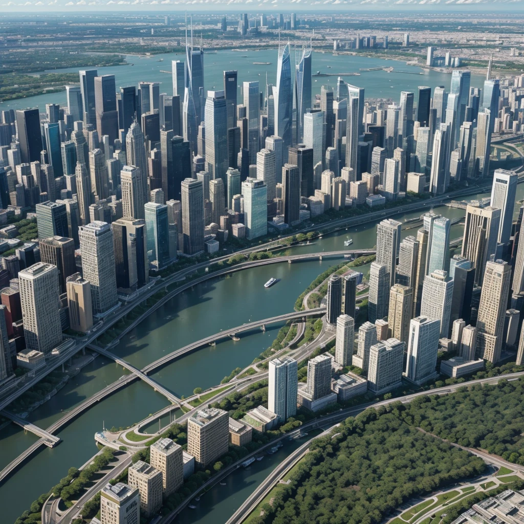 Aerial view of a modern city with skyscrapers, parks, Busy streets and snaking rivers. The image must capture urban architecture, with tall buildings and street details, like cars, people and trees. The sky should be clear with few clouds, and the lighting must be daytime