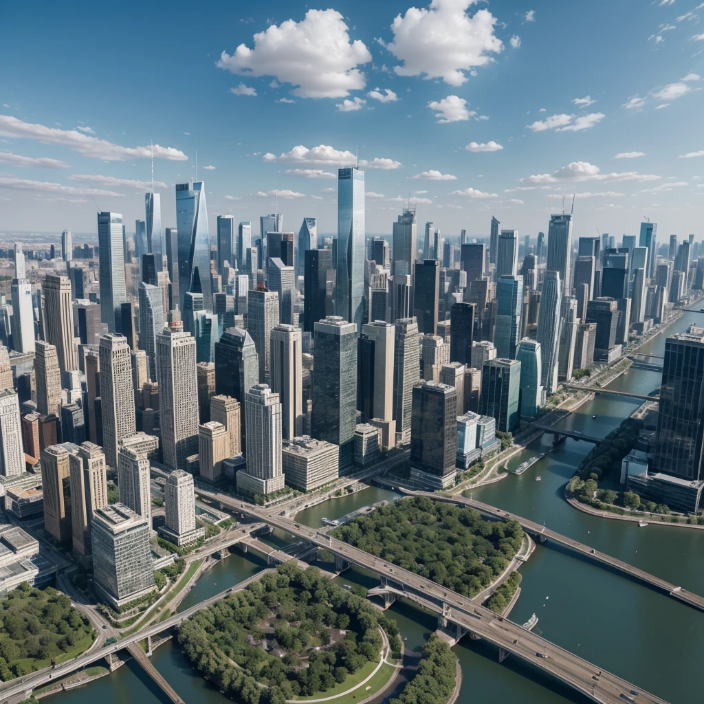 Aerial view of a modern city with skyscrapers, parks, Busy streets and snaking rivers. The image must capture urban architecture, with tall buildings and street details, like cars, people and trees. The sky should be clear with few clouds, and the lighting must be daytime