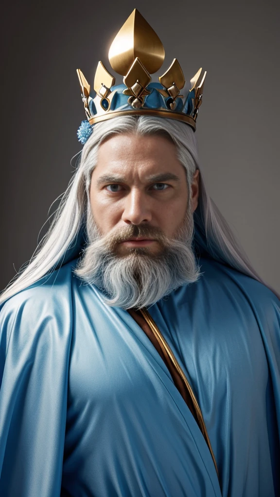 The Ice King is terrifying It has light blue skin The Ice King wears a long, blue robe, a loose robe that covers almost his entire body. The Ice King wears a huge golden crown on his head decorated with three red jewels, giving him a royal look. Beard: The Ice King has a long, thick white beard, almost reaching his chest, giving him a distinctive appearance. Its nose is long and prominent and resembles a small carrot Eyes: Its eyes are small, round, and dead His arms are thin compared to his body, and are also a light blue color.