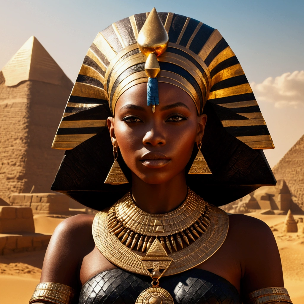 Queen of Kemet, black skin woman, lots of jewelry, In the background, pyramids make up the landscape of ancient Egypt, the sun illuminating and giving life, Perfect artwork, super detaill, best qualityer, 4K wallpaper aesthetic masterpiece, master part, award winning artwork, offcial art