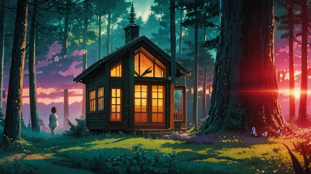 a cabin in a magical forest in surreal anime style for ambient music cover. n sunset and glass butterflies float across the scene. Smooth and ethereal animation style, reminiscent of the works of Hayao Miyazaki mixed with the surrealism of &#39;Paprika&#39;. Soft and dreamlike color palette: deep blues, soft greens and delicate pinks. The general atmosphere is serene and mystical. Composition that invites the viewer to immerse themselves in this dream world
