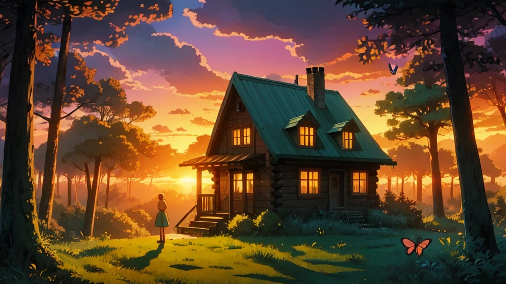 a cabin in a magical forest in surreal anime style for ambient music cover. n sunset and glass butterflies float across the scene. Smooth and ethereal animation style, reminiscent of the works of Hayao Miyazaki mixed with the surrealism of 'Paprika'. Soft and dreamlike color palette: deep blues, soft greens and delicate pinks. The general atmosphere is serene and mystical. Composition that invites the viewer to immerse themselves in this dream world