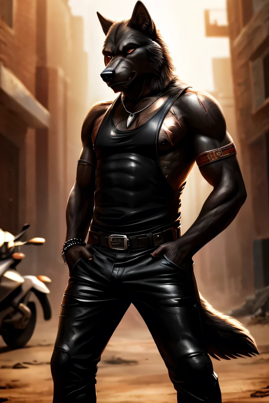 Masterpieces, furry, male, kinky, Anthropomorphic, full body, old age, rugged, twink, black wolf, athletic body type, Delicate eyes, white goatee, grizzled fur, glistening body, biker, thug, ebony skin, depth of field, warm lighting, bright lighting, (best quality),(masterpiece),(ultra detailed), sharp focus, wasteland background, fierce look, evil grins, scars, glossy, oiled up skin, black trousers, tight tanktop