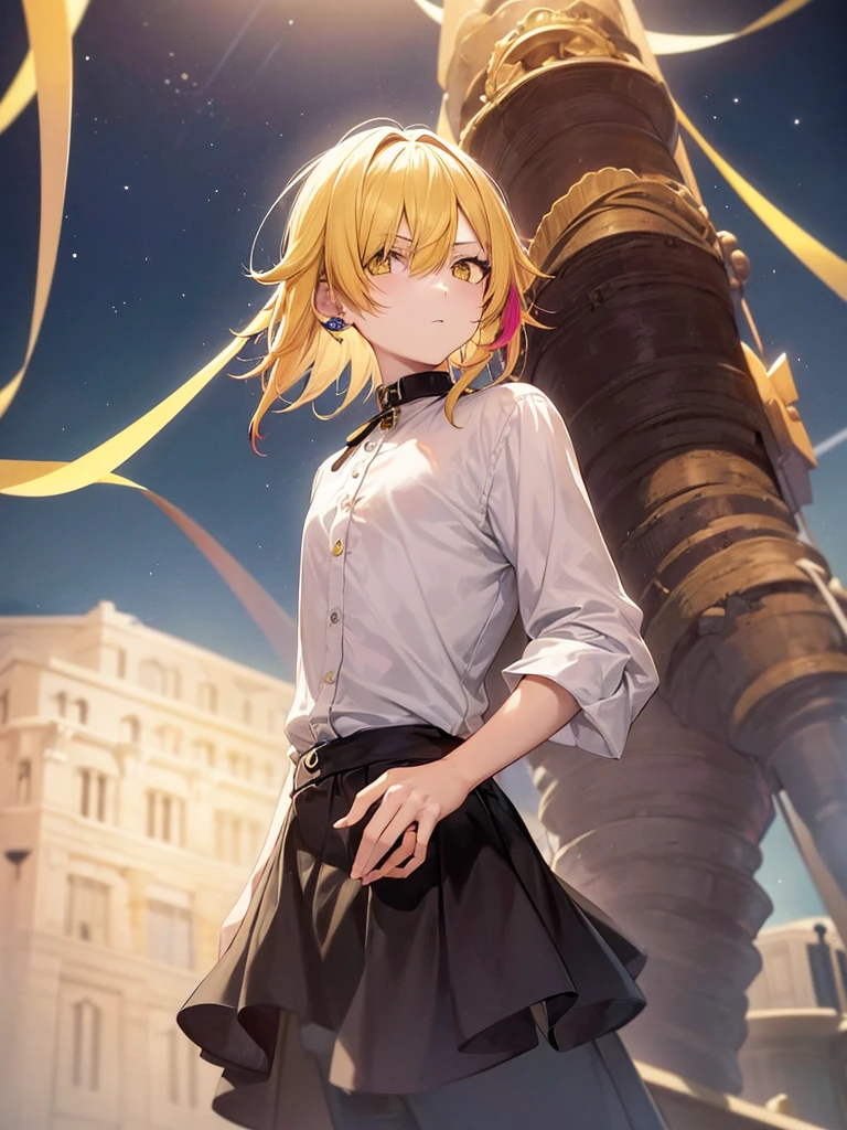 punctuation_9, punctuation_8_High above, punctuation_7_High above, fountain_アニメ, assessment_safe, , (realisitic:0.6), looking ahead at viewer, Depth of field, ung boy, standing alone, male focus, kazutora_Hanemia, hair blonde, yellow eyes, shorth hair, multicolored hair, two tone hair, Bblack hair, hair over one eye, bangss, tatoo, neck tatoo, , de longe, whole body, space, planetes, Meia-noite, claw pose, tearing High above, ,