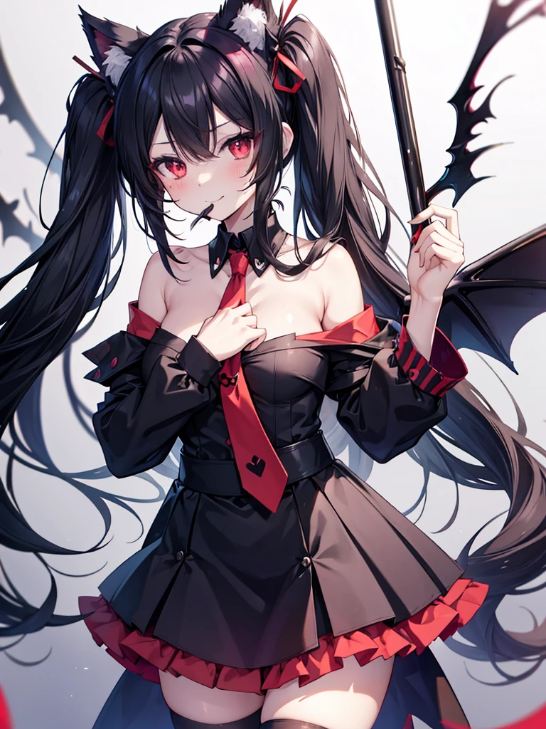 A succubus nekogirl, neko ears, demon tail, smiling with one kawaii Protruding canine as in anime, Horny face Foaming at the mouth. Black hair, red eyes, beautifull , cute and sexy. Little black and red demon Wings.She wants me. Anime scenery.black with loose necktie and skirt. bare shoulders.lollipop girl. She is 24 years old.