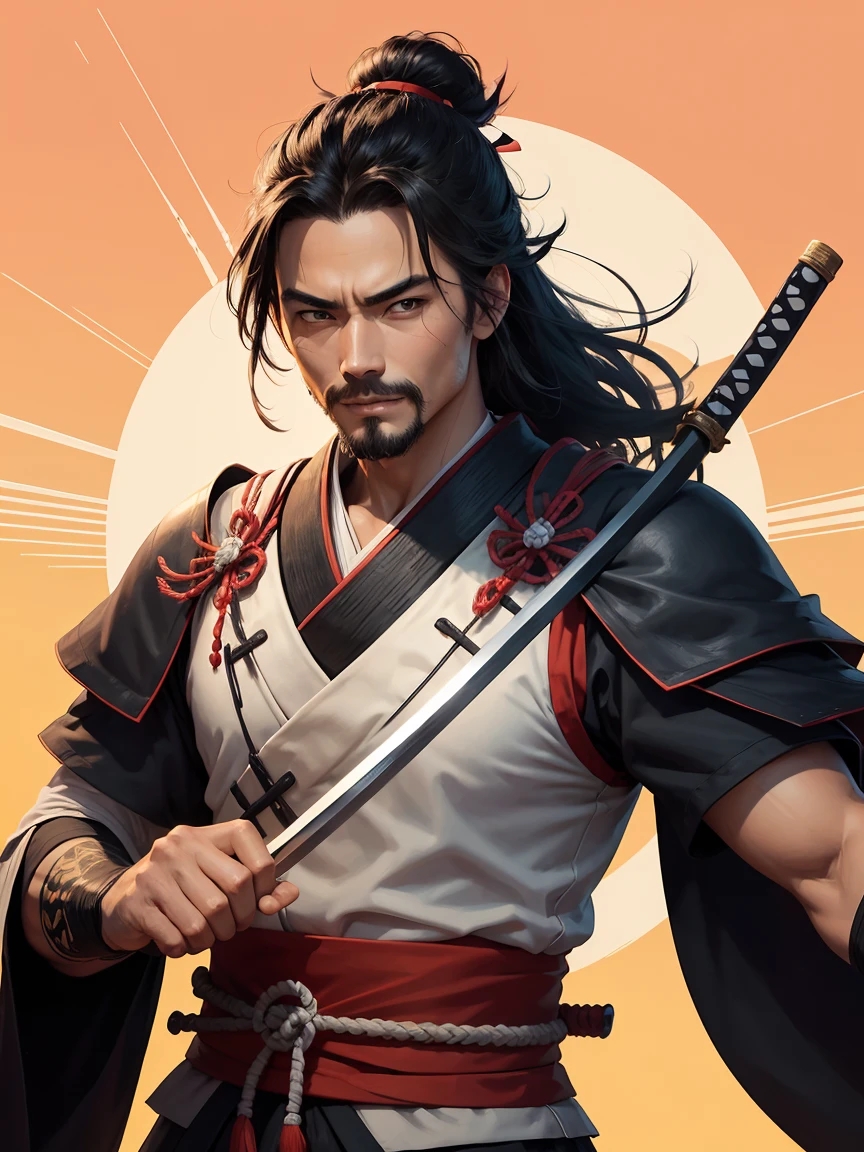um homem com uma espada em pé na frente de uma lua cheia, cara bonito na arte do matador de demônios, badass anime 8 k, homem samurai vagabundo, Miyamoto Musashi, inspirado em Kanō Hōgai, Ronin, inspirado em Kano Sanraku, estilo samurai, Papel de parede de mangá 4k, as samurai, Papel de parede de anime 4K, a happy smiling face,colorful,cartoon style,simple geometric shapes,bright vibrant colors,minimalist,cute,cheerful,positive,smiley,caricature,stylized,abstract,whimsical,playful,fun,adorable,friendly,charming,iconic,simple shapes,clean lines,bold colors,(best quality,8k,masterpiece:1.2),highly detailed,sharp focus,professional digital illustration